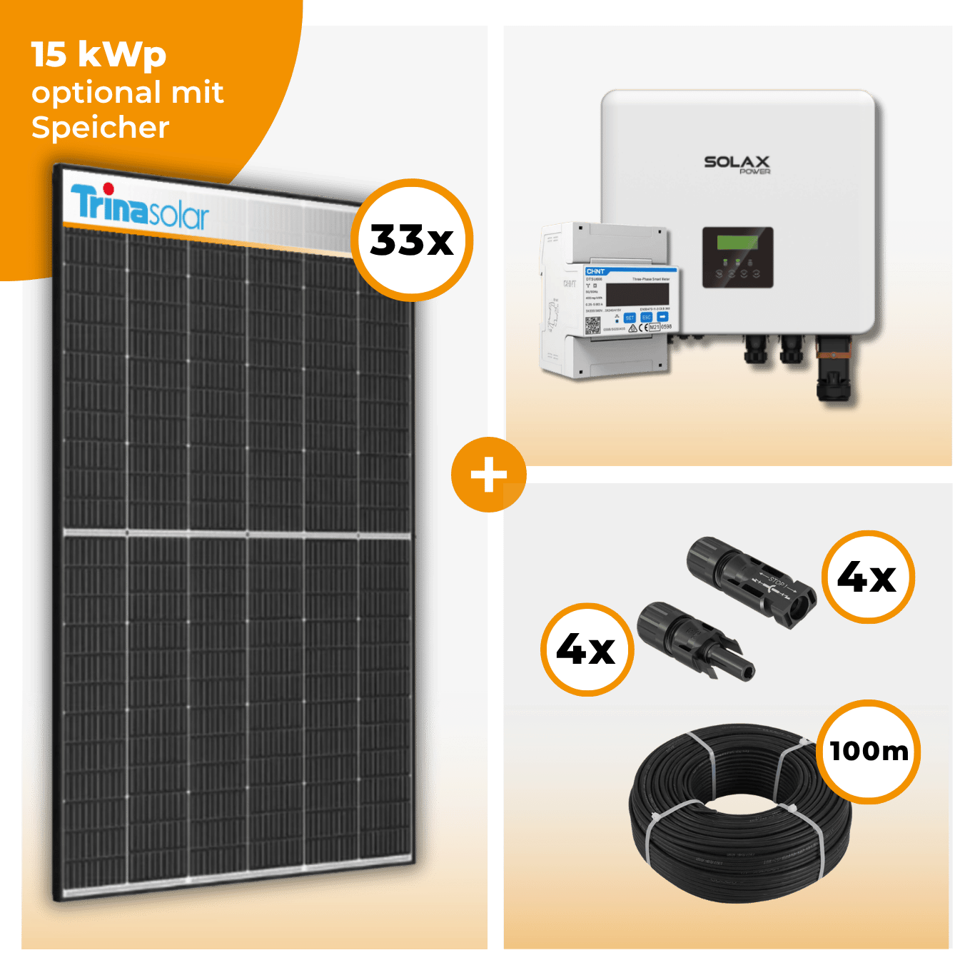 PV Komplettset 15 kWp – 33 x Trina 455 Black Frame & Solax X3 Hybrid opt. T-BAT SYS Speicher
