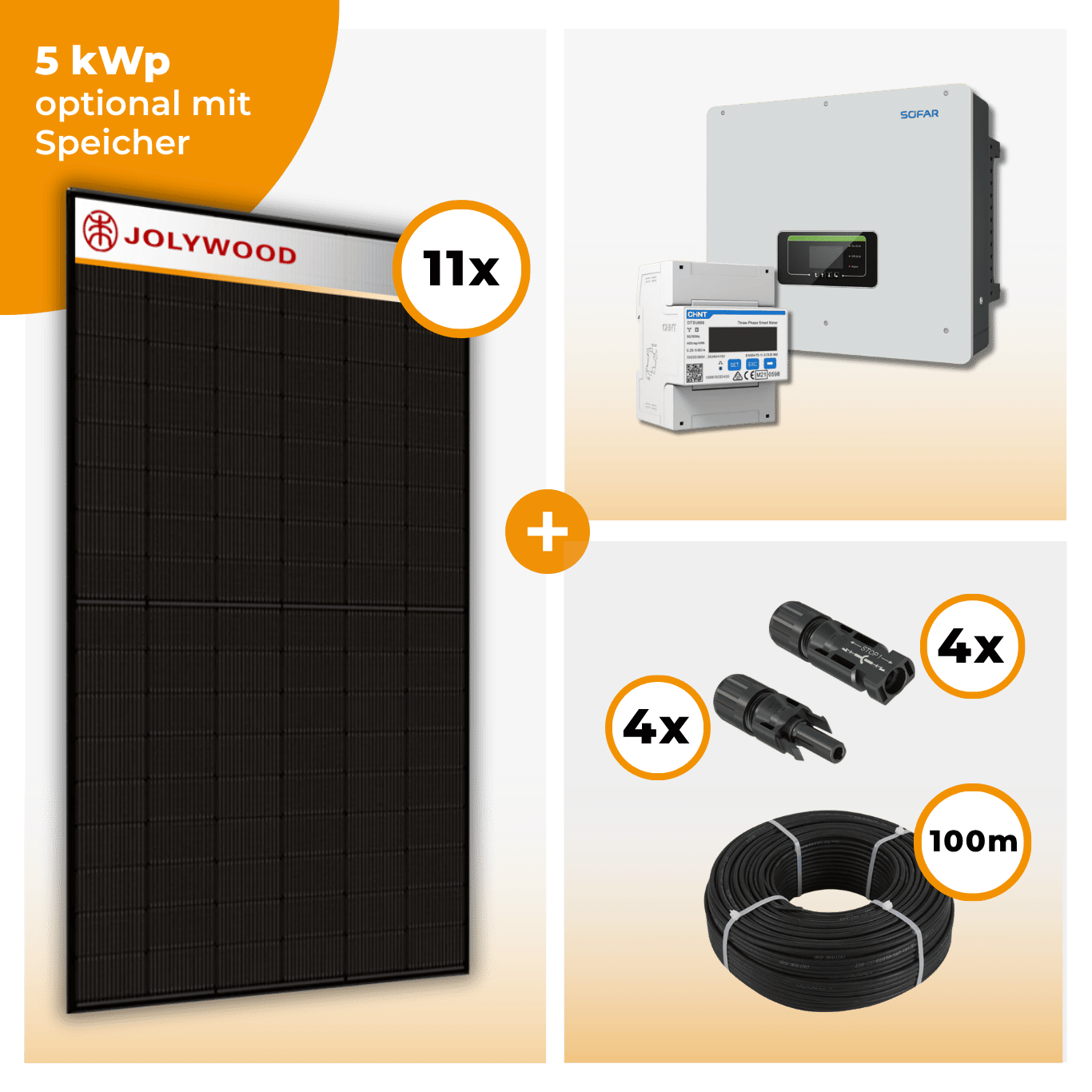 PV Komplettset 5 kWp – 11 x Jolywood 455 Full Black & SofarSolar HYD KTL-3PH opt. SofarSolar BTS DS5 Speicher