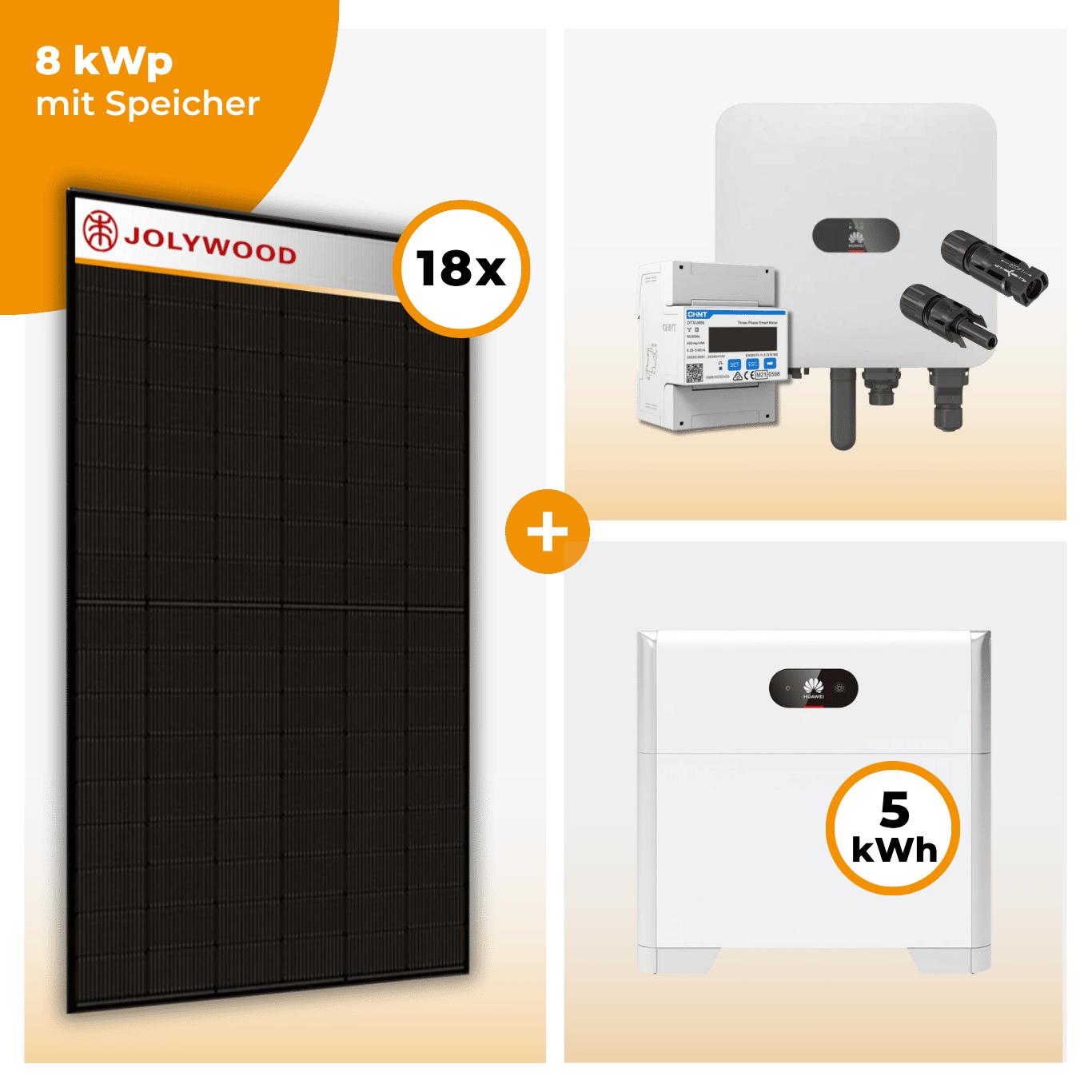 PV Komplettset 8 kWp – 18 x Jolywood 455 Full Black & Huawei SUN2000 MAP0 opt. Huawei LUNA2000 Speicher