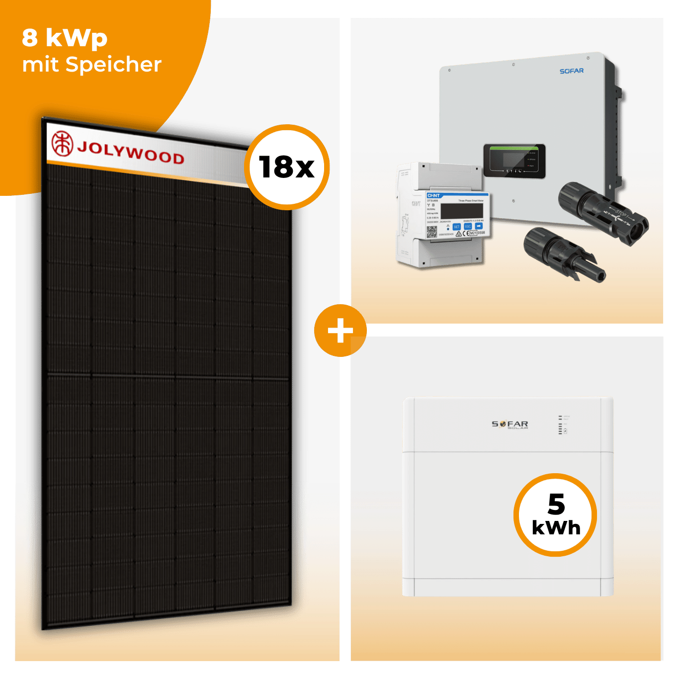 PV Komplettset 8 kWp – 18 x Jolywood 455 Full Black & SofarSolar HYD KTL-3PH opt. SofarSolar BTS DS5 Speicher