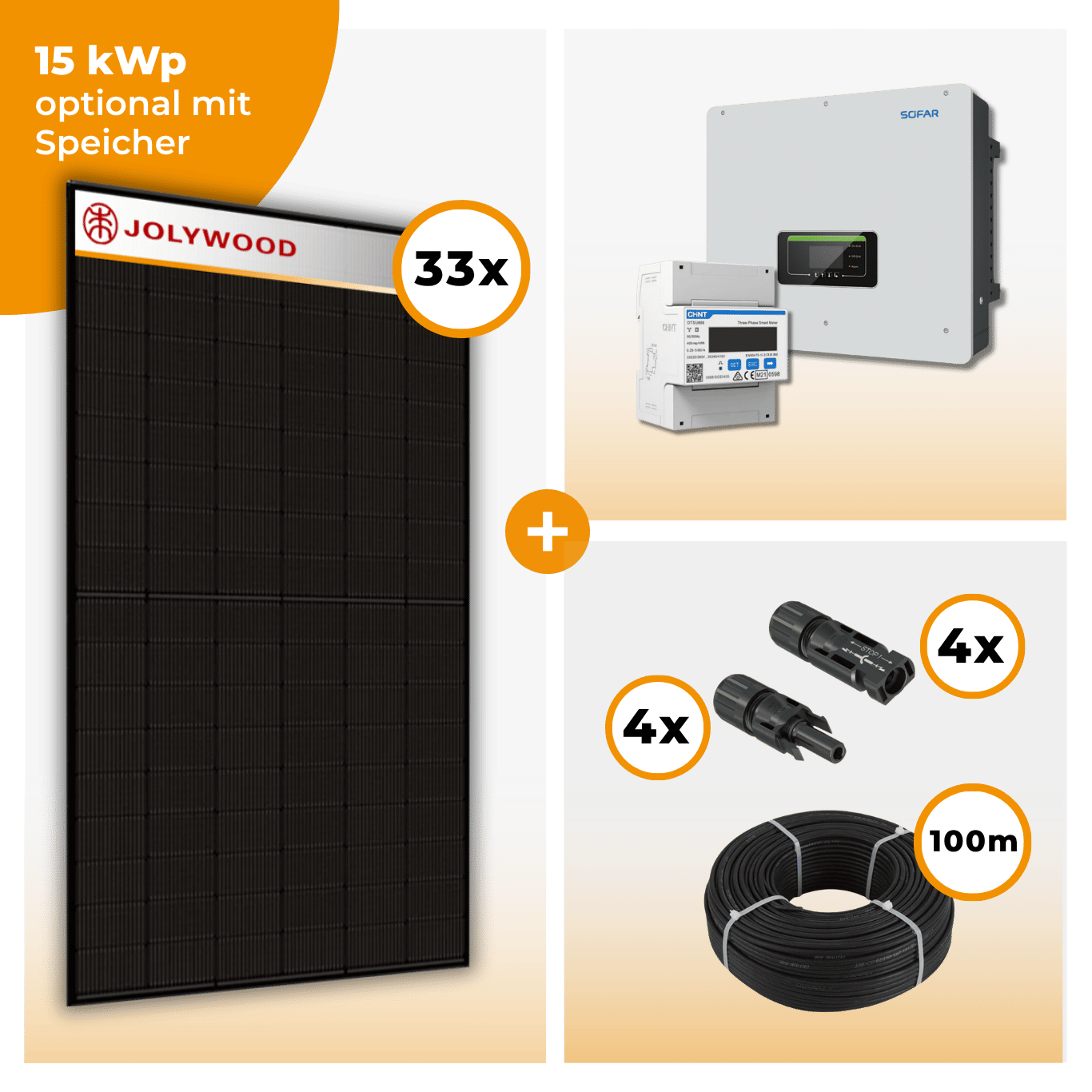 PV Komplettset 15 kWp – 33 x Jolywood 455 Full Black & SofarSolar HYD KTL-3PH opt. SofarSolar BTS DS5 Speicher