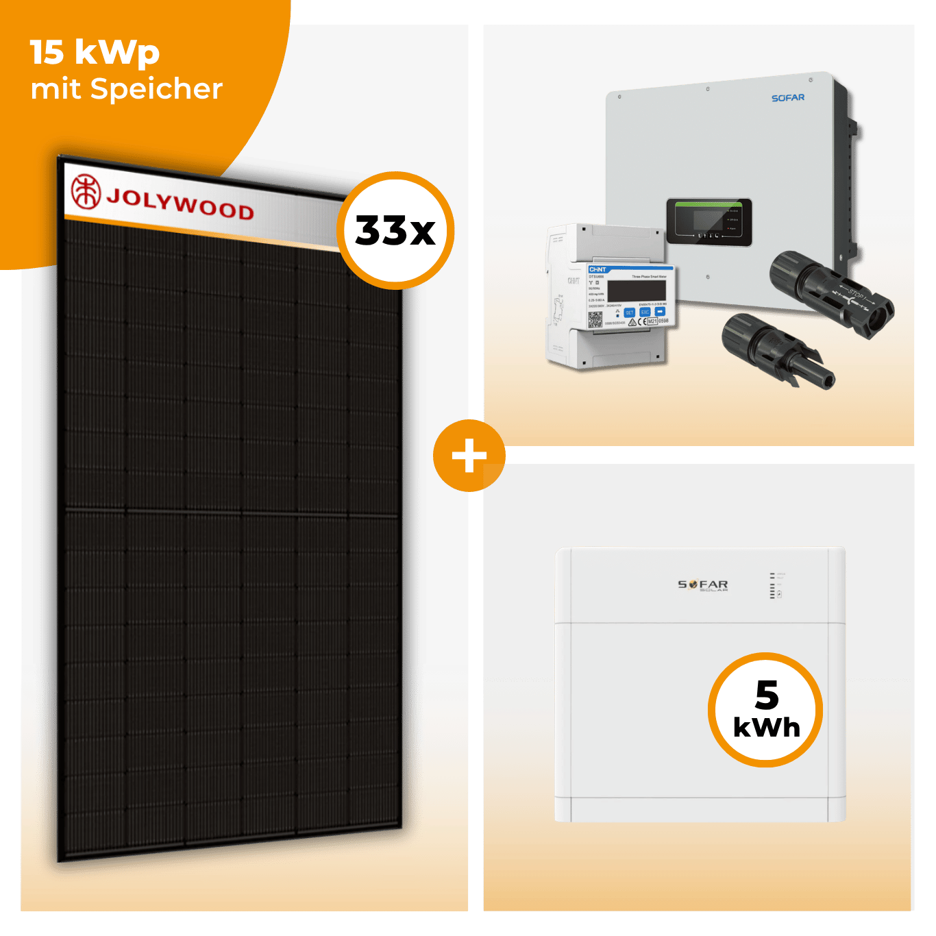 PV Komplettset 15 kWp – 33 x Jolywood 455 Full Black & SofarSolar HYD KTL-3PH opt. SofarSolar BTS DS5 Speicher