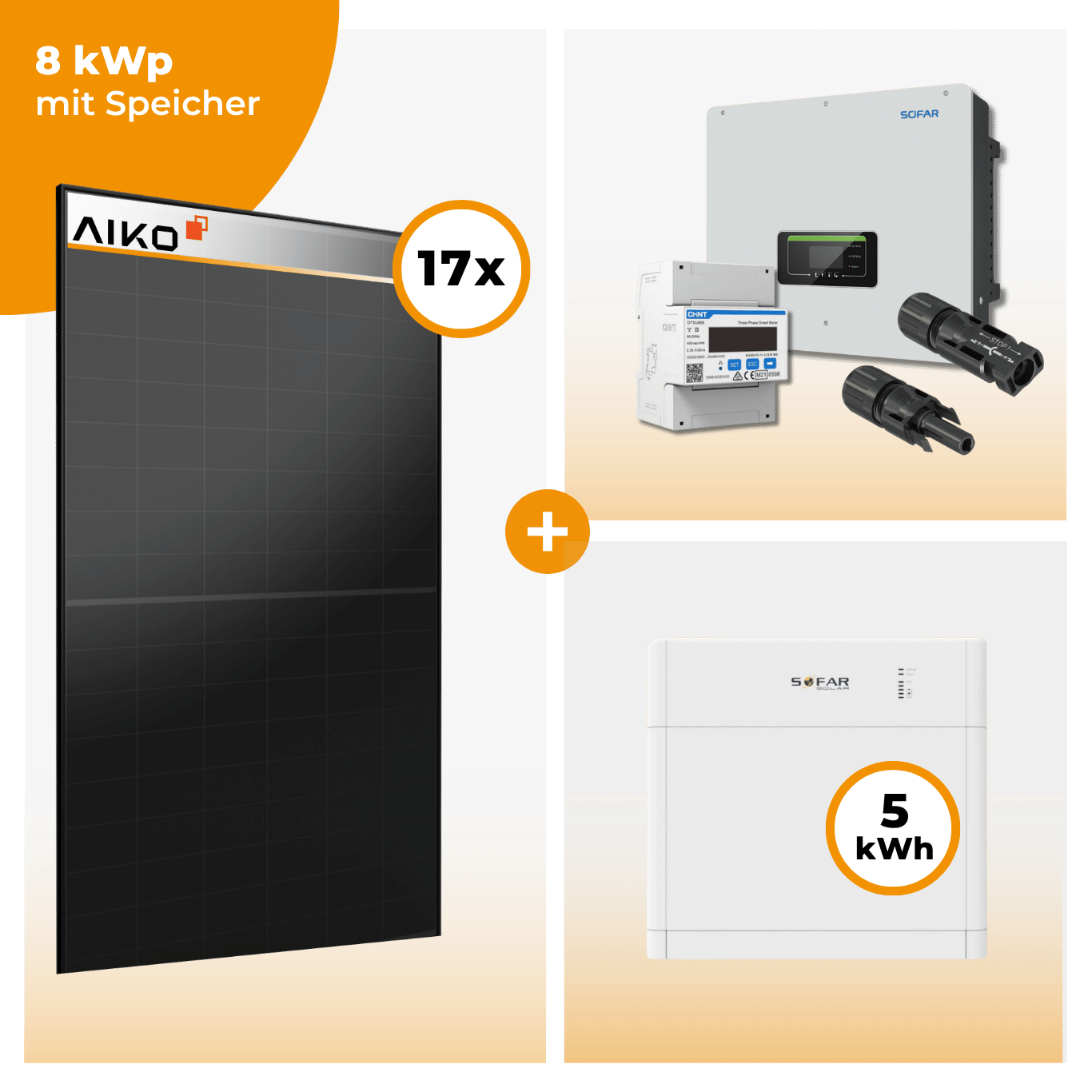 PV Komplettset 8 kWp – 17 x Aiko 470 Neostar 3S+ & SofarSolar HYD KTL-3PH opt. SofarSolar BTS DS5 Speicher