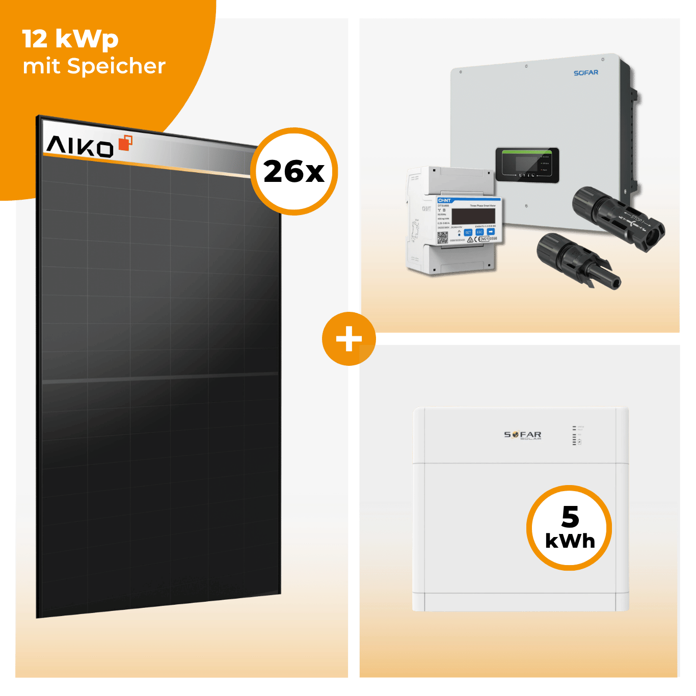 PV Komplettset 12 kWp – 26 x Aiko 470 Neostar 3S+ & SofarSolar HYD KTL-3PH opt. SofarSolar BTS DS5 Speicher