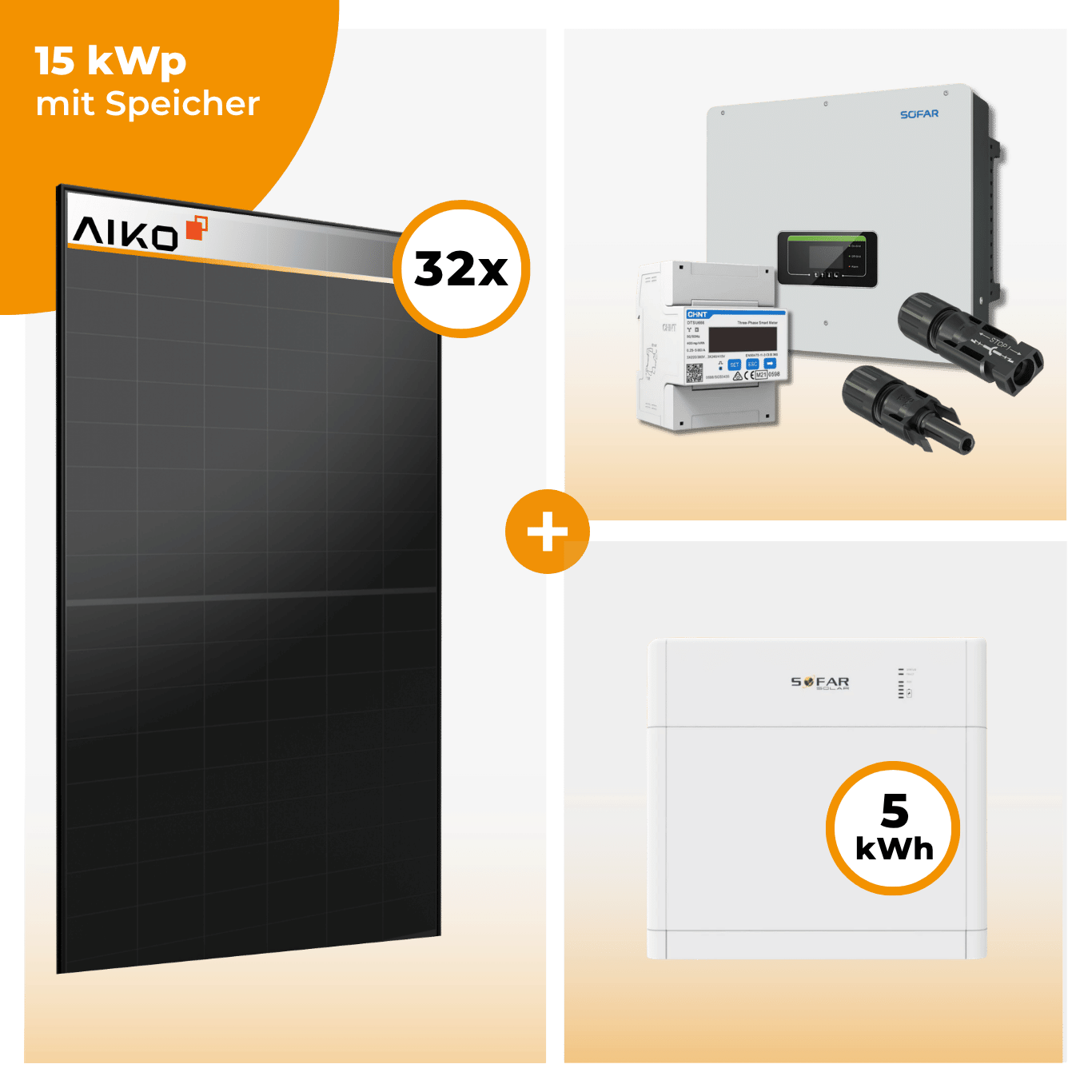 PV Komplettset 15 kWp – 32 x Aiko 470 Neostar 3S+ & SofarSolar HYD KTL-3PH opt. SofarSolar BTS DS5 Speicher