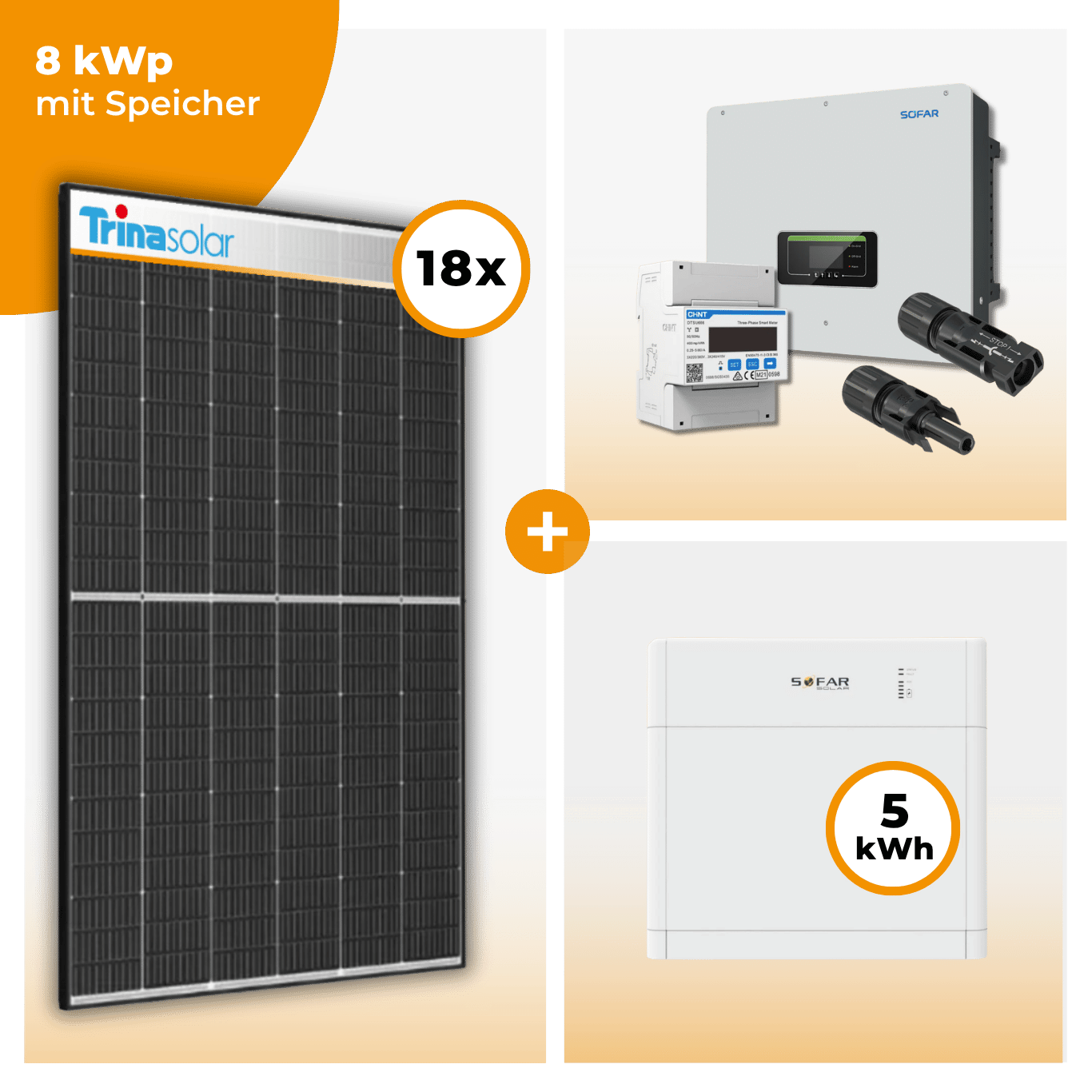 PV Komplettset 8 kWp – 18 x Trina 455 Black Frame & SofarSolar HYD KTL-3PH opt. SofarSolar BTS DS5 Speicher