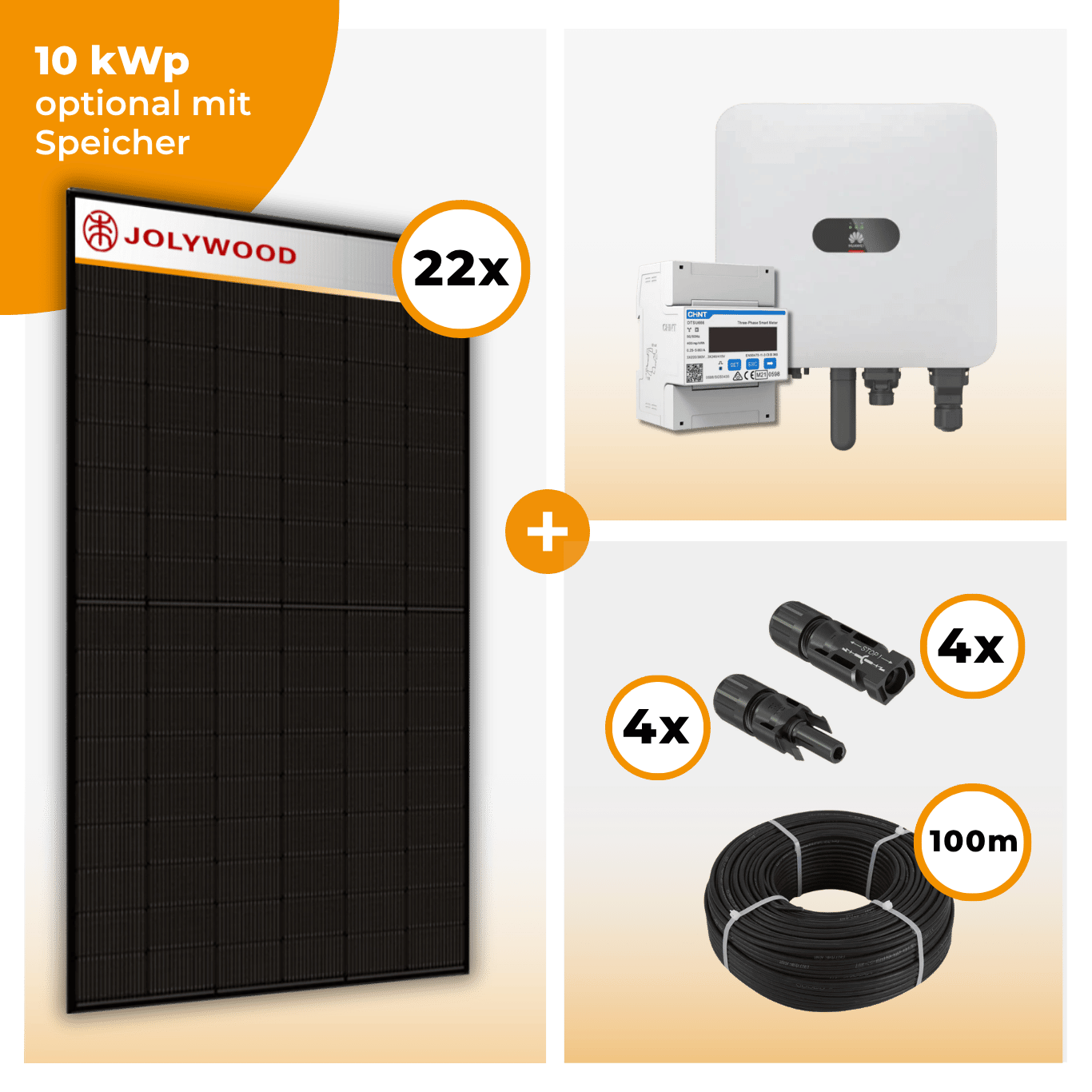 PV Komplettset 10 kWp – 22 x Jolywood 455 Full Black & Huawei SUN2000 MAP0 opt. Huawei LUNA2000 Speicher