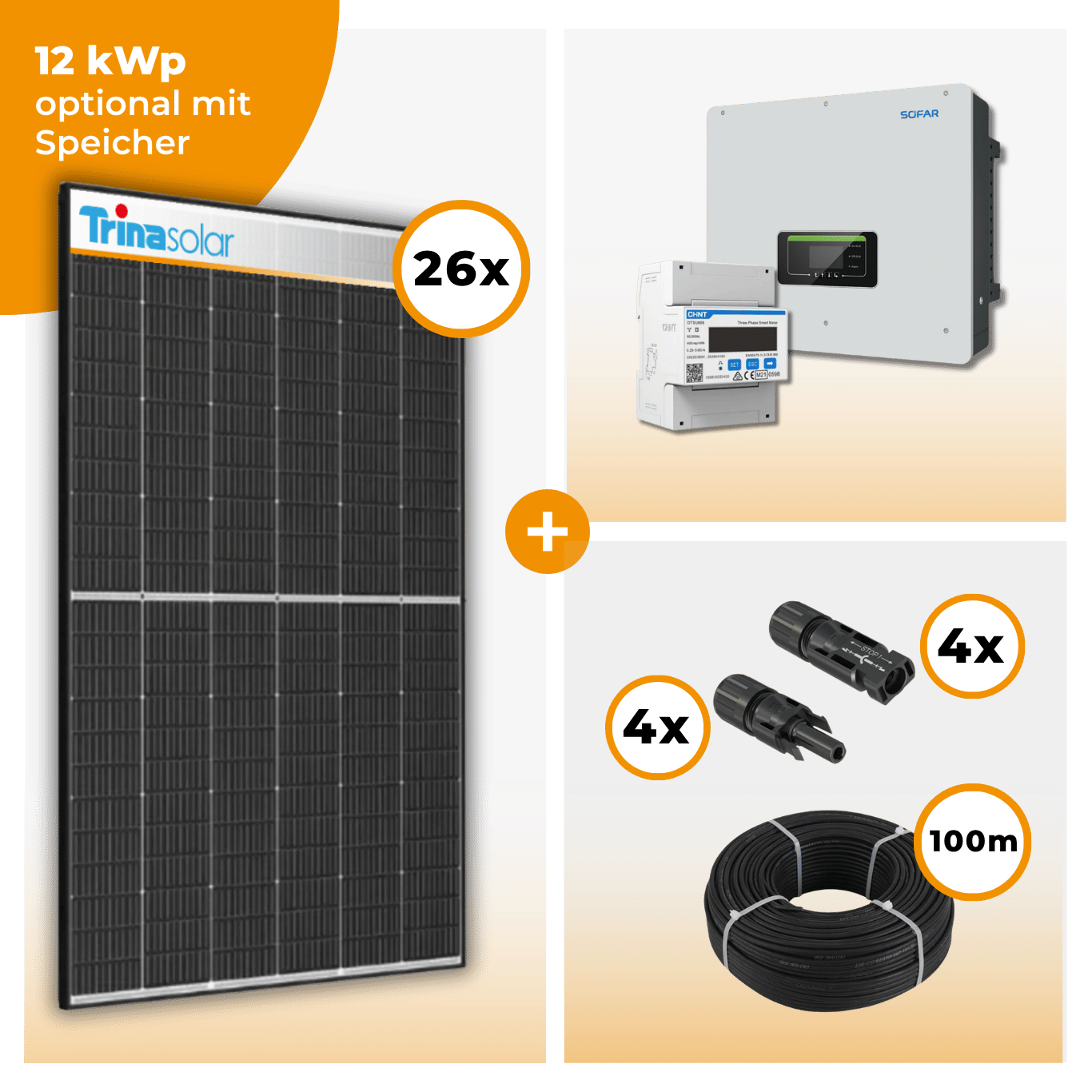 PV Komplettset 12 kWp – 26 x Trina 455 Black Frame & SofarSolar HYD KTL-3PH opt. SofarSolar BTS DS5 Speicher