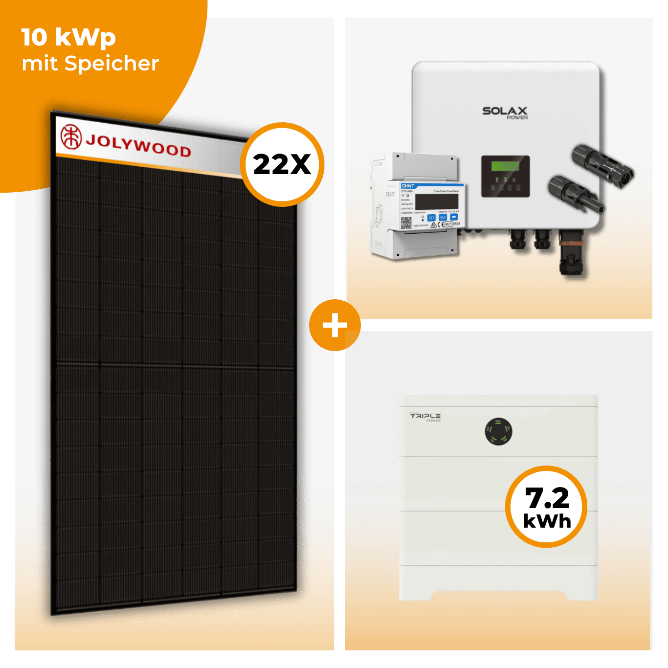 PV Komplettset 10 kWp – 22 x Jolywood 455 Full Black & Solax X3 Hybrid opt. T-BAT SYS Speicher