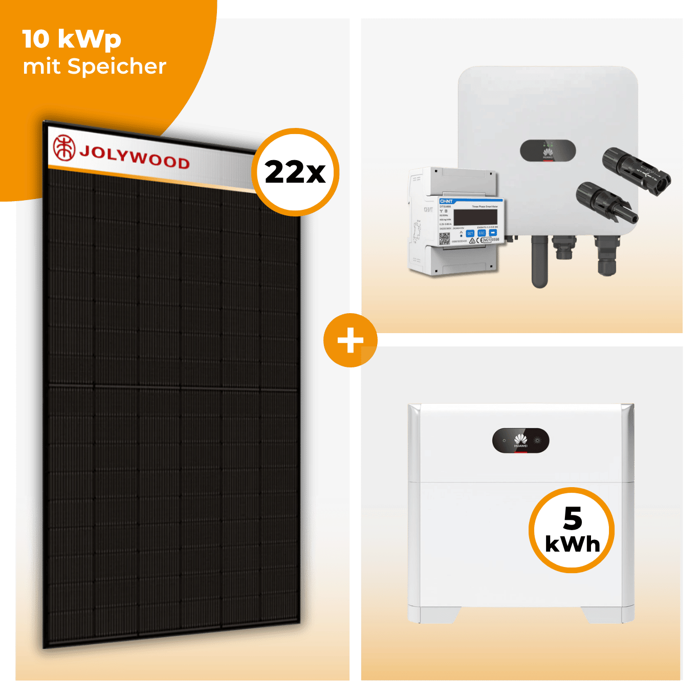 PV Komplettset 10 kWp – 22 x Jolywood 455 Full Black & Huawei SUN2000 MAP0 opt. Huawei LUNA2000 Speicher