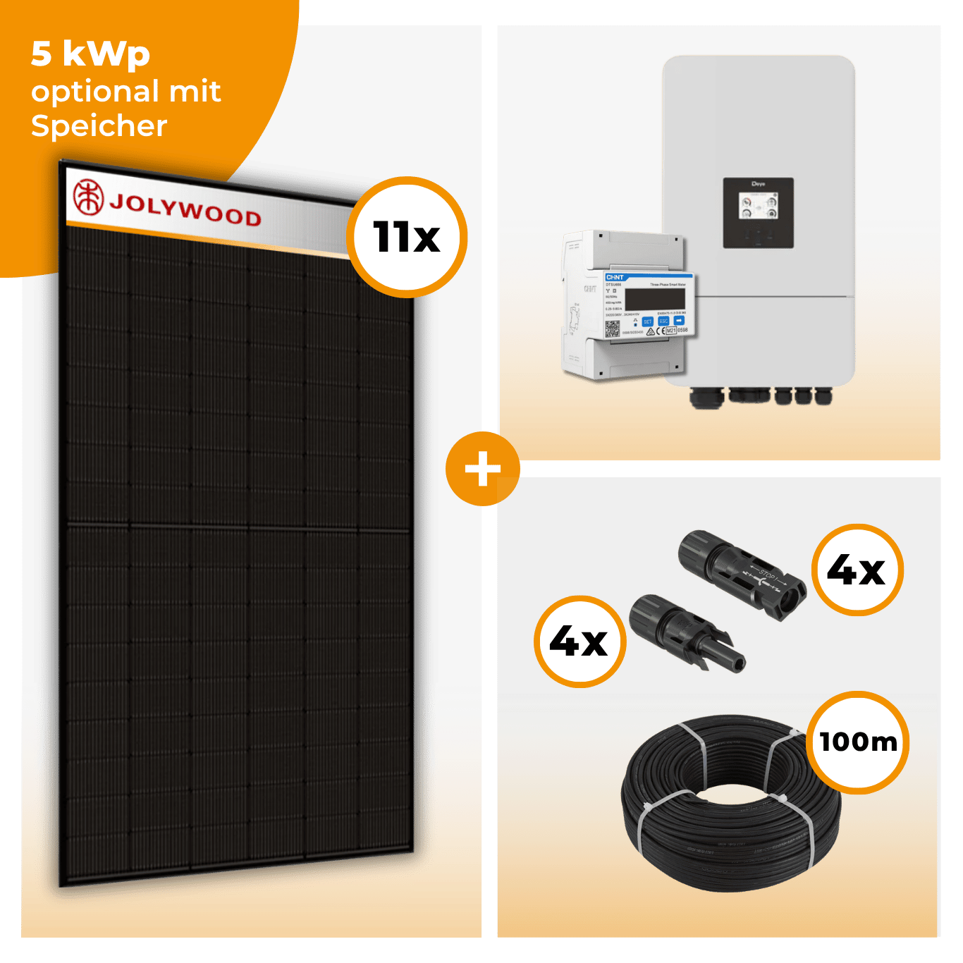 PV Komplettset 5 kWp – 11 x Jolywood 455 Full Black & Deye SUN-5K-SG05LP3-EU-SM2 opt. Deye SE-G5.1 pro B - LV Speicher