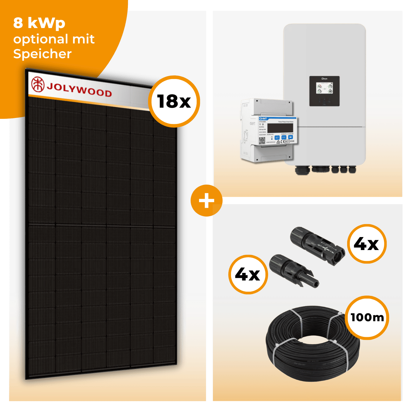 PV Komplettset 8 kWp – 18 x Jolywood 455 Full Black & Deye SUN-8K-SG05LP3-EU-SM2 opt. Deye SE-G5.1 pro B - LV Speicher