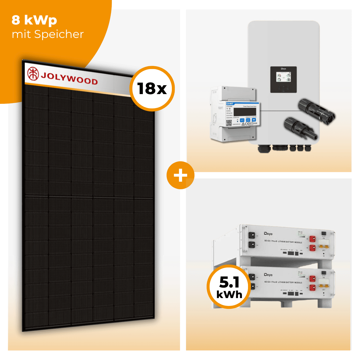 PV Komplettset 8 kWp – 18 x Jolywood 455 Full Black & Deye SUN-8K-SG05LP3-EU-SM2 opt. Deye SE-G5.1 pro B - LV Speicher