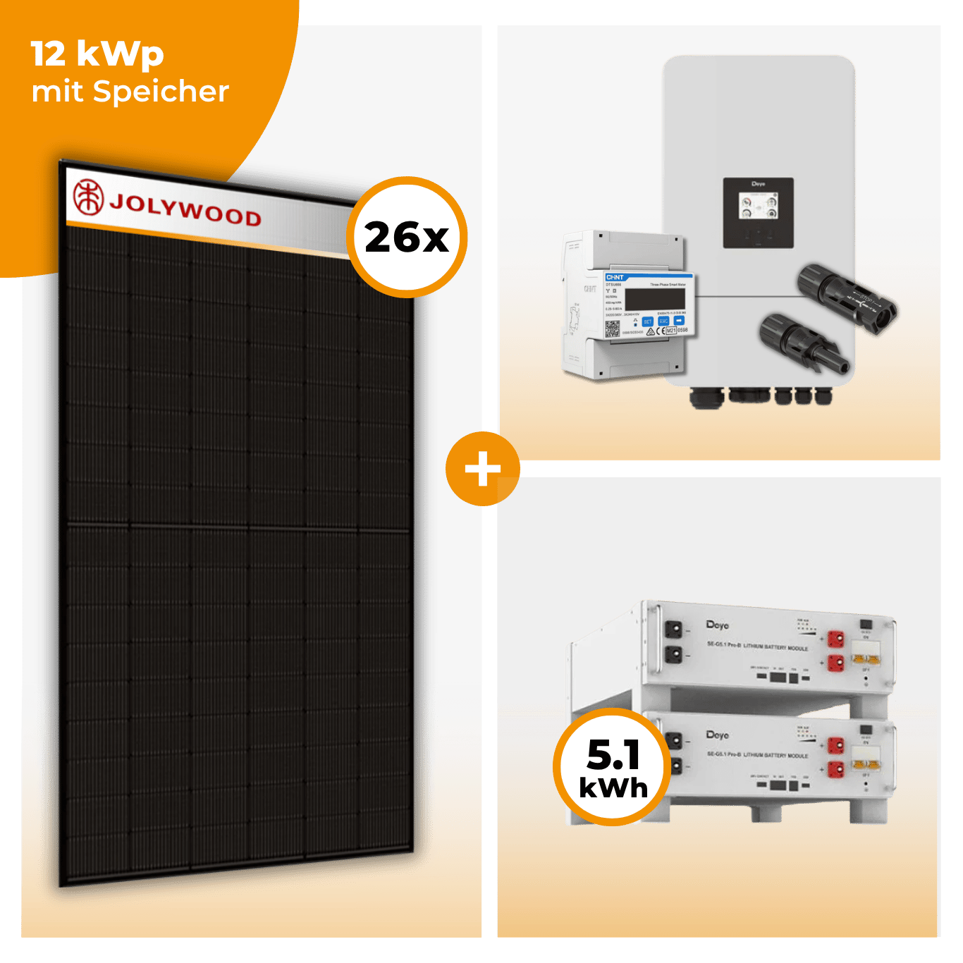 PV Komplettset 12 kWp – 26 x Jolywood 455 Full Black & Deye SUN-12K-SG05LP3-EU-SM2 opt. Deye SE-G5.1 pro B - LV Speicher