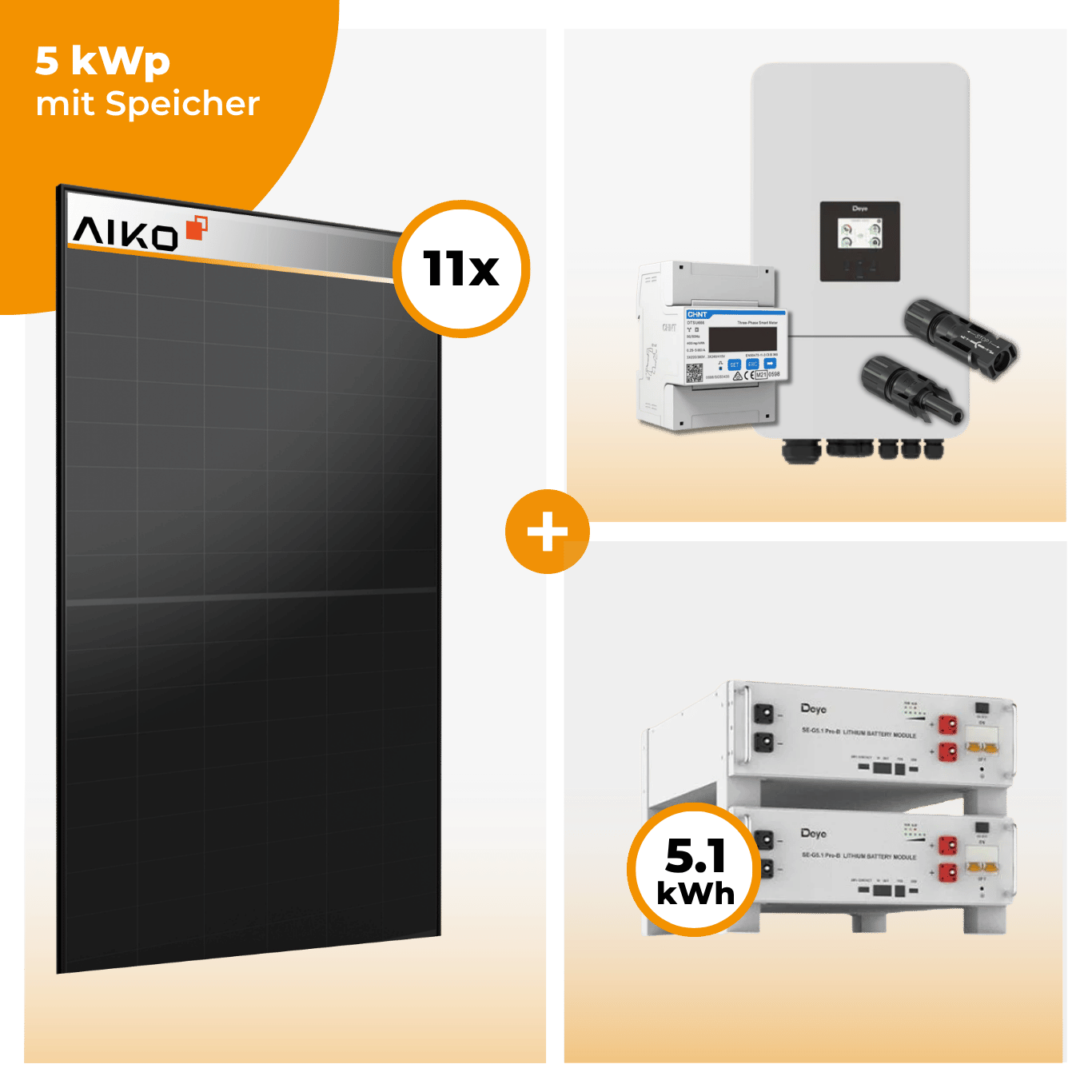 PV Komplettset 5 kWp – 11 x Aiko 470 Neostar 3S+ & Deye SUN-5K-SG05LP3-EU-SM2 opt. Deye SE-G5.1 pro B - LV Speicher