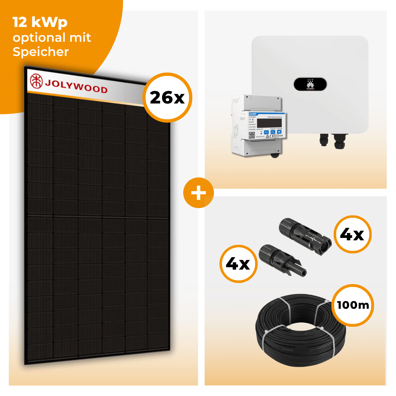 PV Komplettset 12 kWp – 26 x Jolywood 455 Full Black & Huawei SUN2000 MAP0 opt. Huawei LUNA2000 Speicher