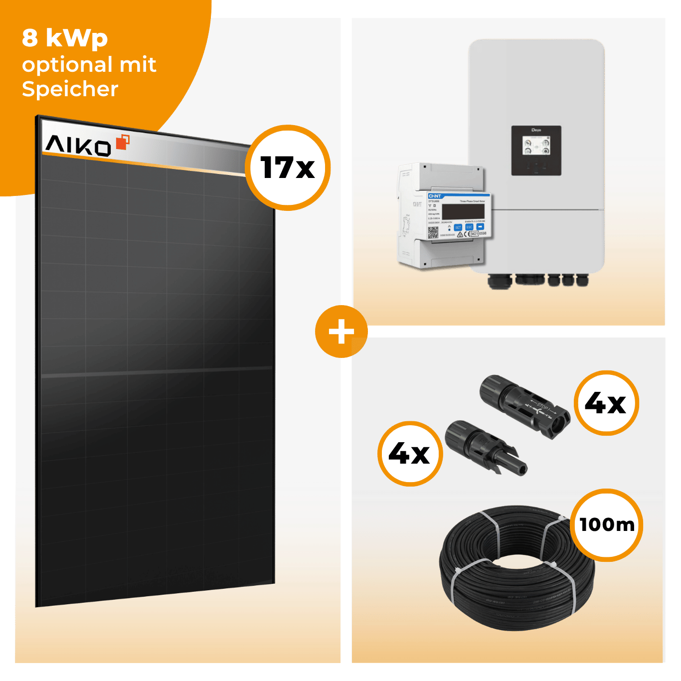 PV Komplettset 8 kWp – 17 x Aiko 470 Neostar 3S+ & Deye SUN-8K-SG05LP3-EU-SM2 opt. Deye SE-G5.1 pro B - LV Speicher