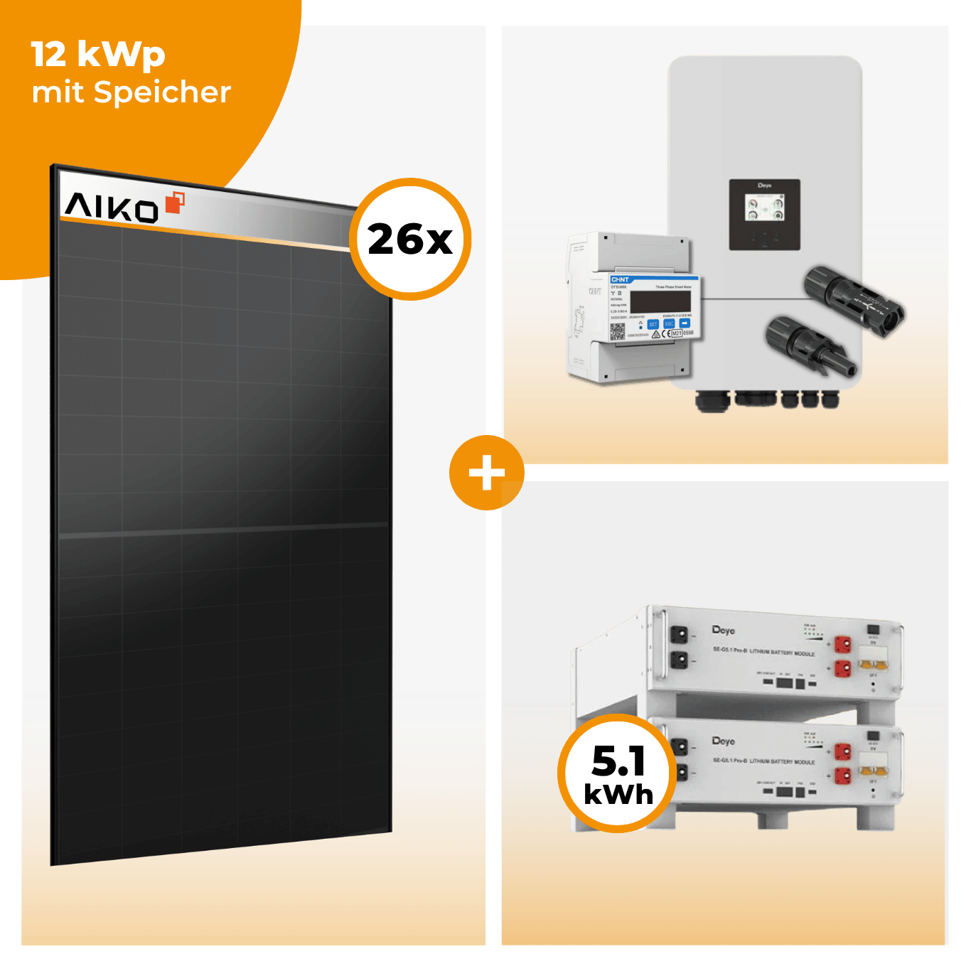 PV Komplettset 12 kWp – 26 x Aiko 470 Neostar 3S+ & Deye SUN-12K-SG05LP3-EU-SM2 opt. Deye SE-G5.1 pro B - LV Speicher