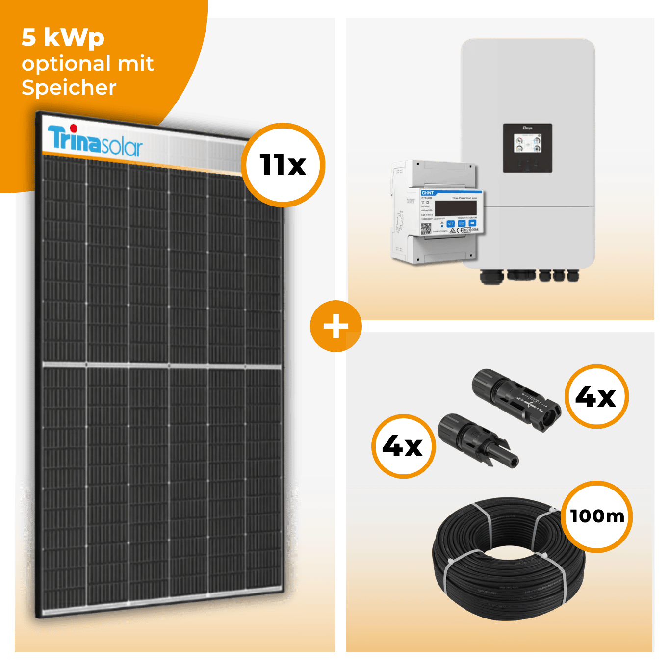 PV Komplettset 5 kWp – 11 x Trina 455 Black Frame & Deye SUN-5K-SG05LP3-EU-SM2 opt. Deye SE-G5.1 pro B - LV Speicher