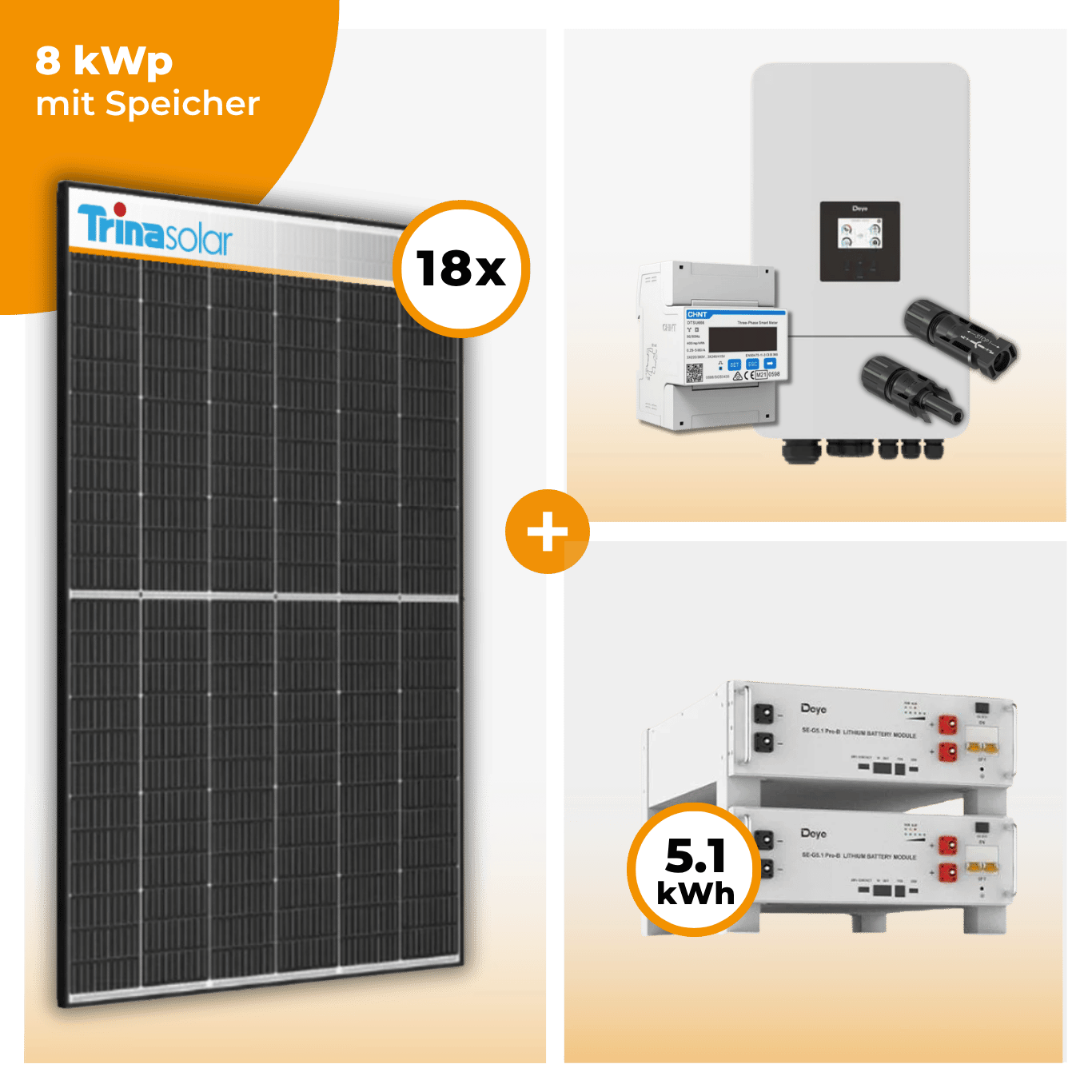 PV Komplettset 8 kWp – 18 x Trina 455 Black Frame & Deye SUN-8K-SG05LP3-EU-SM2 opt. Deye SE-G5.1 pro B - LV Speicher