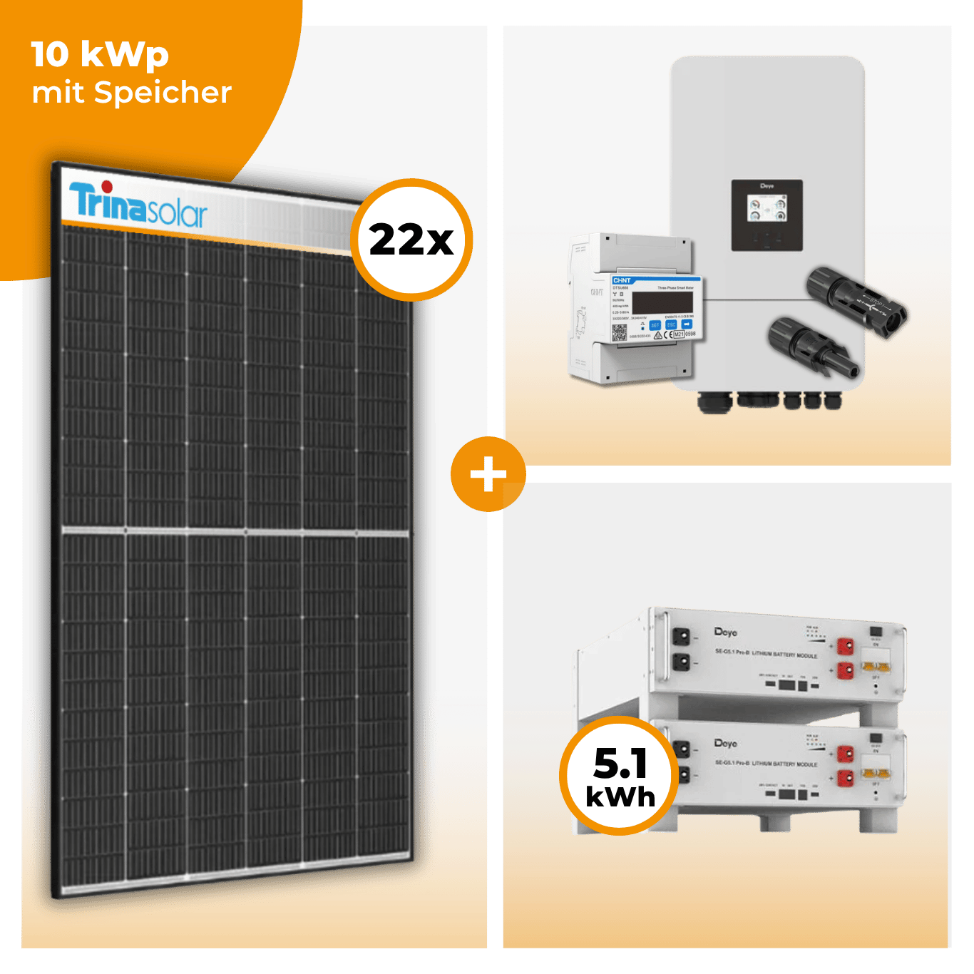 PV Komplettset 10 kWp – 22 x Trina 455 Black Frame & Deye SUN-10K-SG05LP3-EU-SM2 opt. Deye SE-G5.1 pro B - LV Speicher
