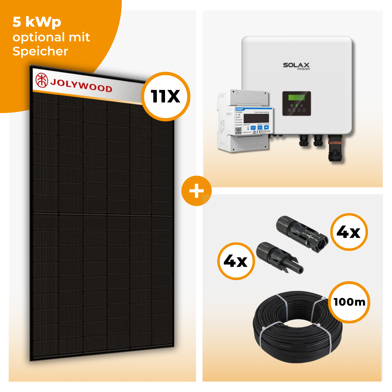 PV Komplettset 5 kWp – 11 x Jolywood 455 Full Black & Solax X3 Hybrid opt. T-BAT SYS Speicher