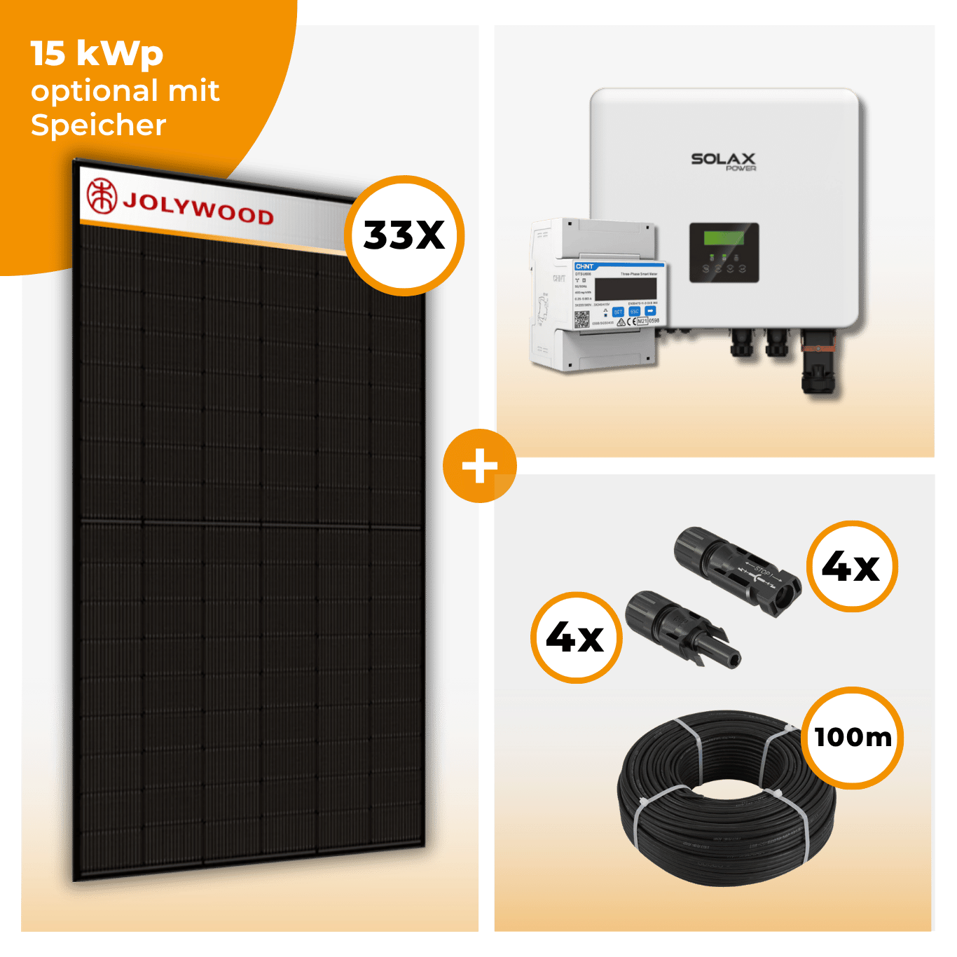 PV Komplettset 15 kWp – 33 x Jolywood 455 Full Black & Solax X3 Hybrid opt. T-BAT SYS Speicher
