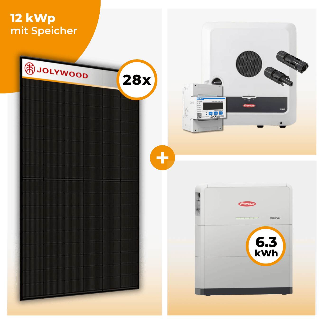 PV Komplettset 12 kWp – 26 x Jolywood 455 Full Black & Fronius Symo GEN24 Plus opt. Fronius Reserva Speicher