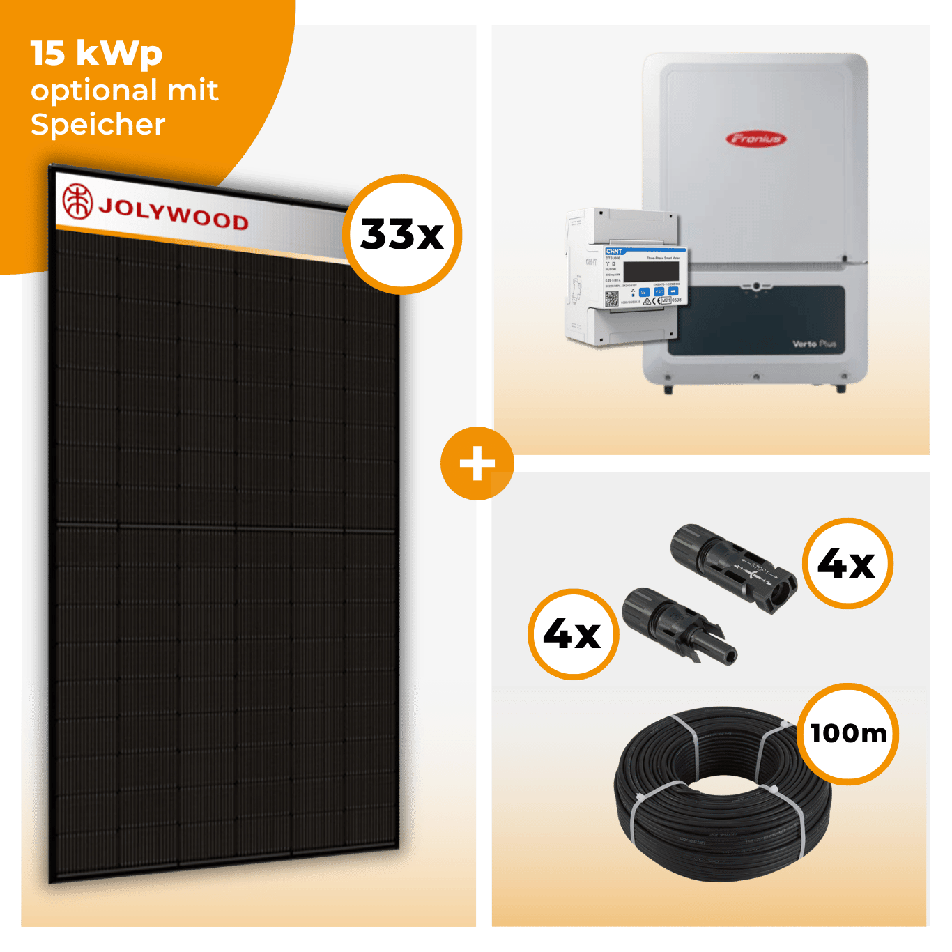 PV Komplettset 15 kWp – 33 x Jolywood 455 Full Black & Fronius Verto Plus 15.0 opt. Fronius Reserva Speicher