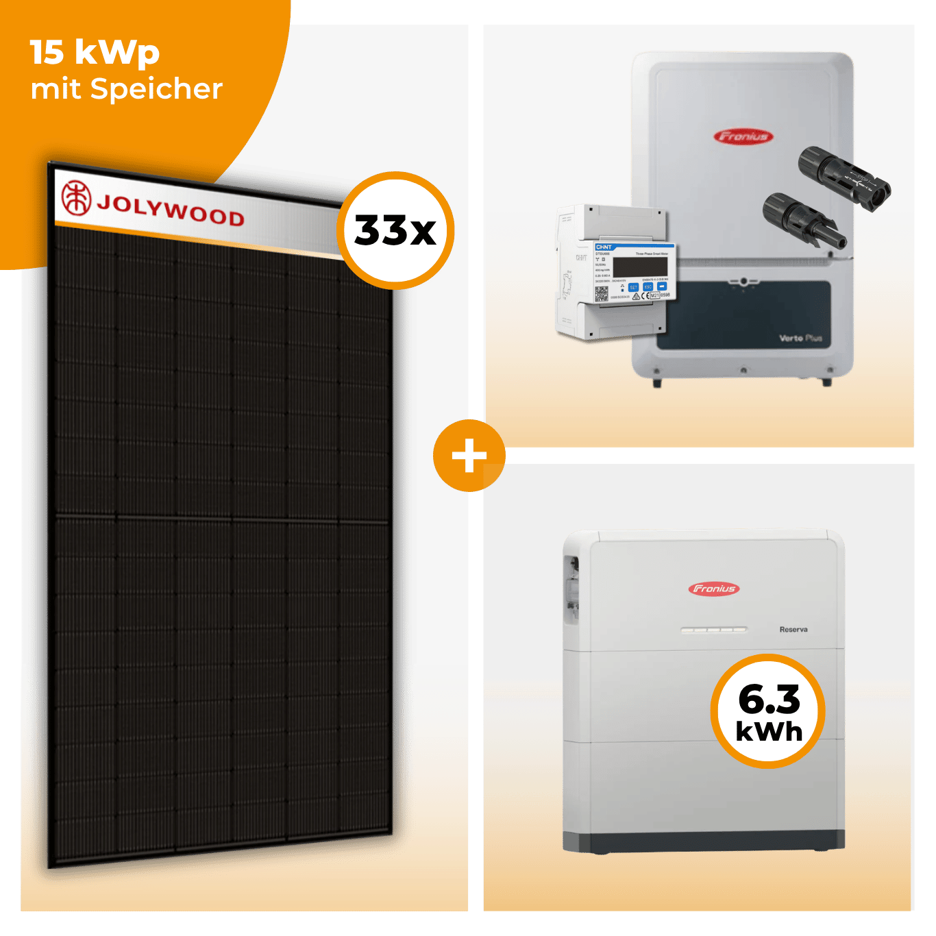 PV Komplettset 15 kWp – 33 x Jolywood 455 Full Black & Fronius Verto Plus 15.0 opt. Fronius Reserva Speicher