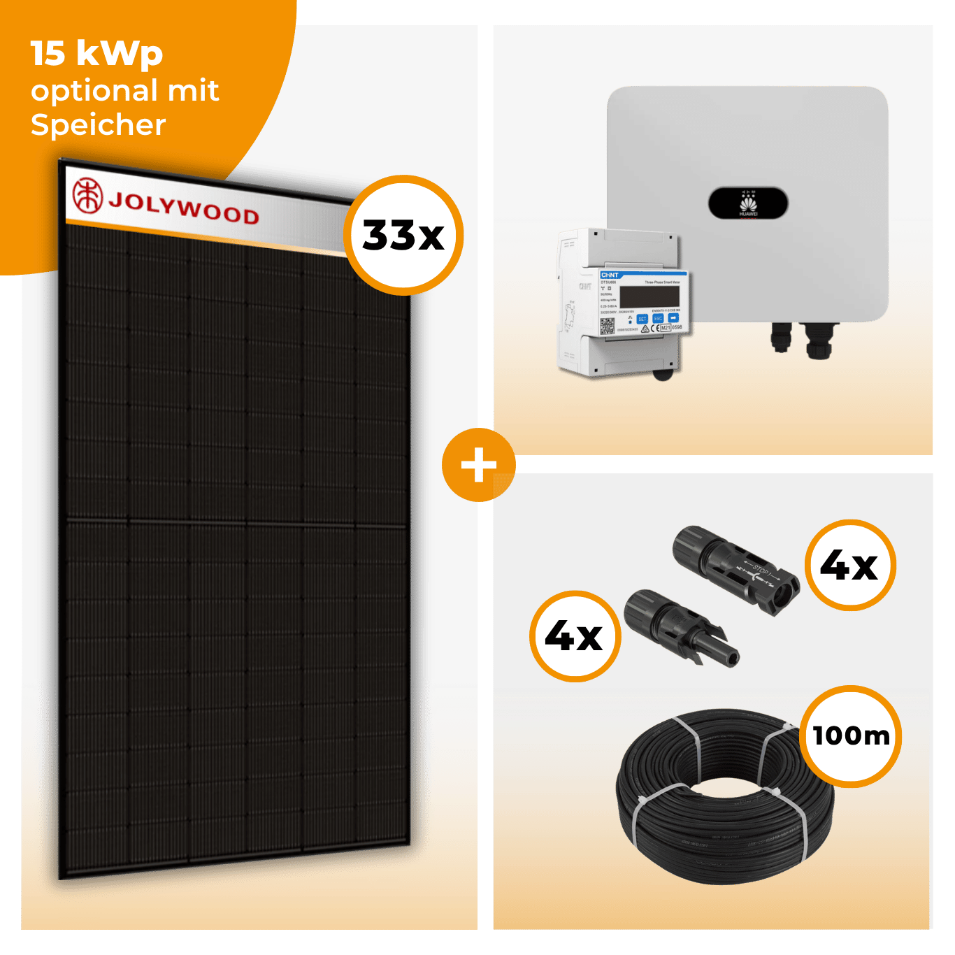 PV Komplettset 15 kWp – 33 x Jolywood 455 Full Black & Huawei SUN2000 MAP0 opt. Huawei LUNA2000 Speicher