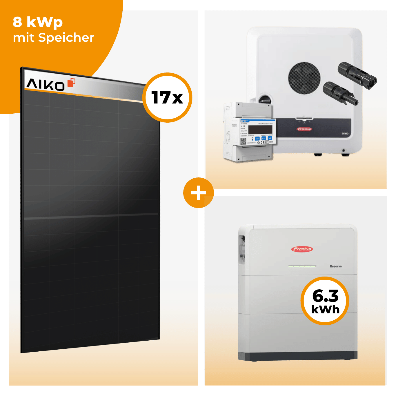 PV Komplettset 8 kWp – 17 x Aiko 470 Neostar 3S+ & Fronius Symo GEN24 Plus opt. Fronius Reserva Speicher