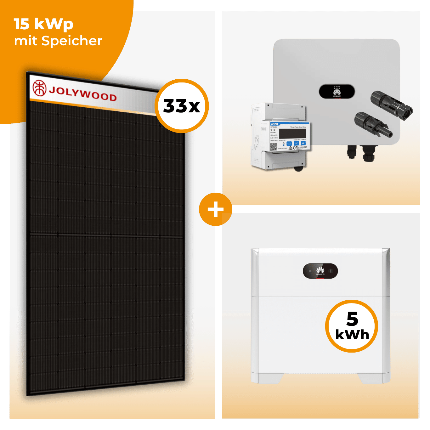 PV Komplettset 15 kWp – 33 x Jolywood 455 Full Black & Huawei SUN2000 MAP0 opt. Huawei LUNA2000 Speicher