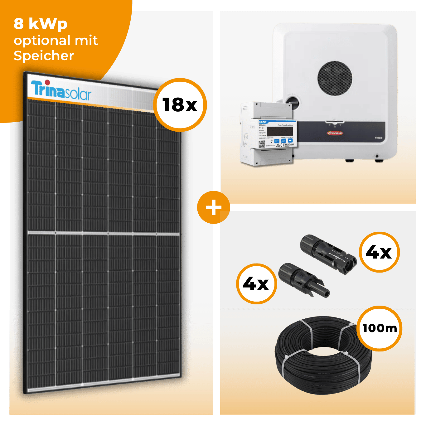 PV Komplettset 8 kWp – 18 x Trina 455 Black Frame & Fronius Symo GEN24 Plus opt. Fronius Reserva Speicher