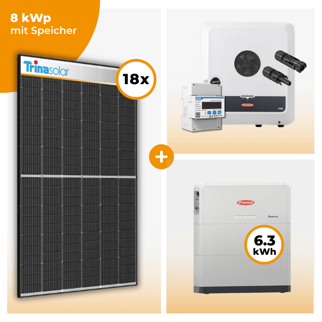 PV Komplettset 8 kWp – 18 x Trina 455 Black Frame & Fronius Symo GEN24 Plus opt. Fronius Reserva Speicher