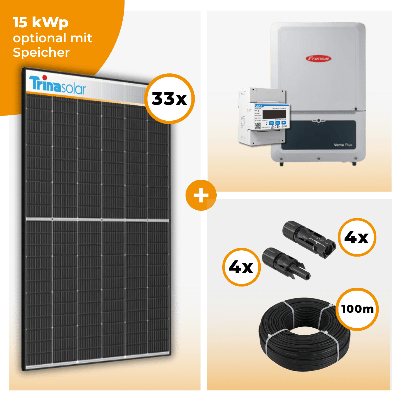 PV Komplettset 15 kWp – 33 x Trina 455 Black Frame & Fronius Verto Plus 15.0 opt. Fronius Reserva Speicher