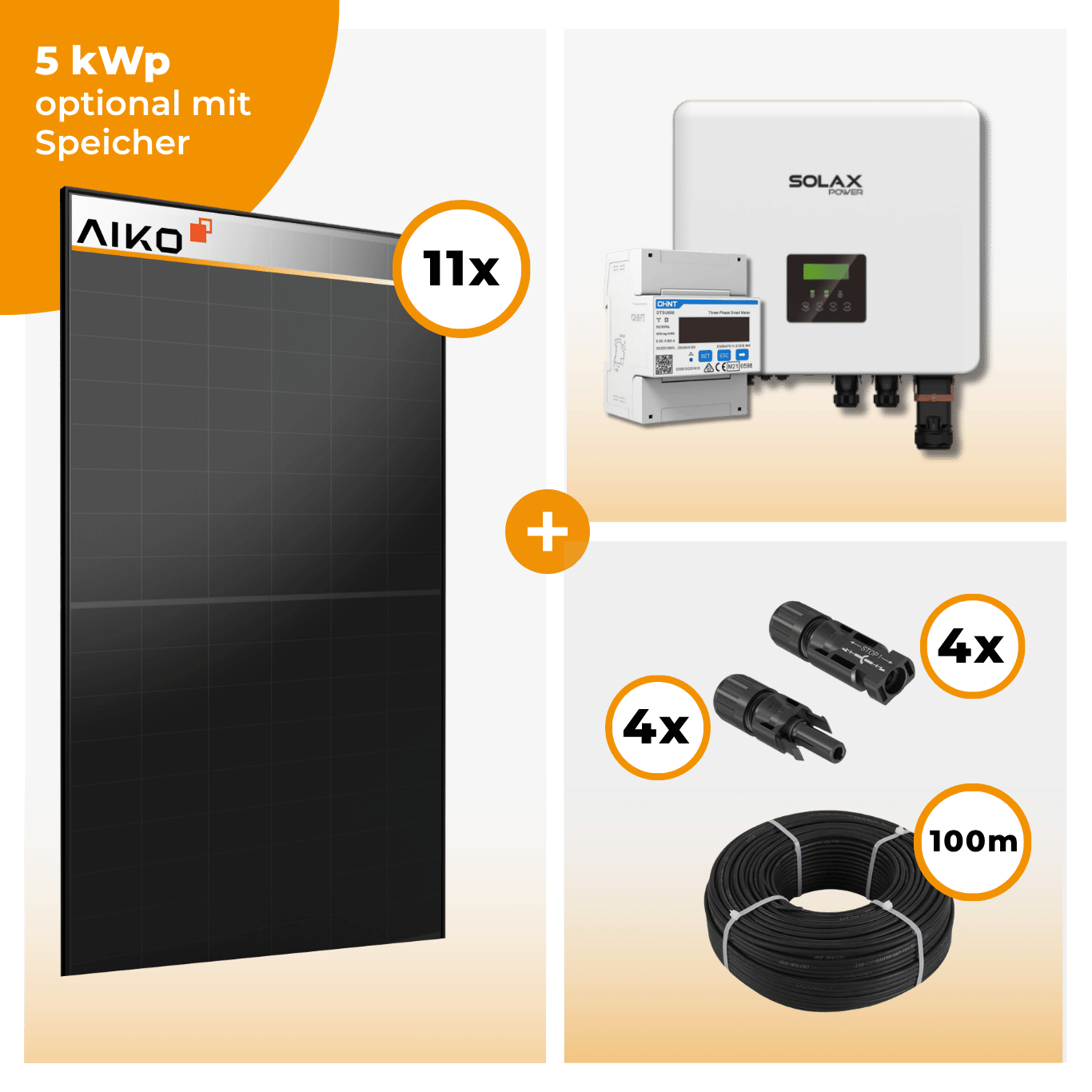 PV Komplettset 5 kWp – 11 x Aiko 470 Neostar 3S+ & Solax X3 Hybrid opt. T-BAT SYS Speicher