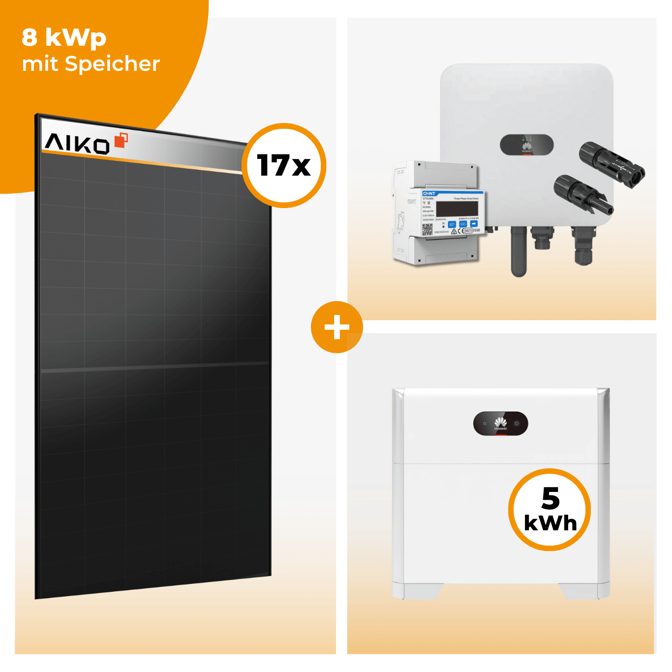 PV Komplettset 8 kWp – 17 x Aiko 470 Neostar 3S+ & Huawei SUN2000 MAP0 opt. Huawei LUNA2000 Speicher