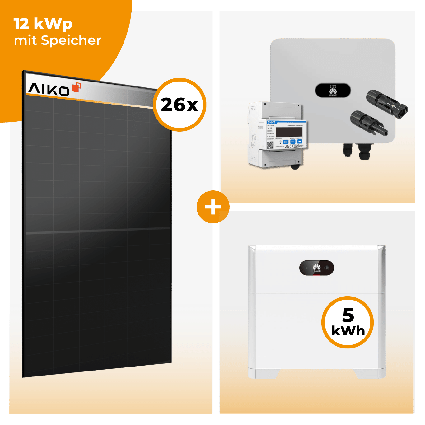 PV Komplettset 12 kWp – 26 x Aiko 470 Neostar 3S+ & Huawei SUN2000 MAP0 opt. Huawei LUNA2000 Speicher