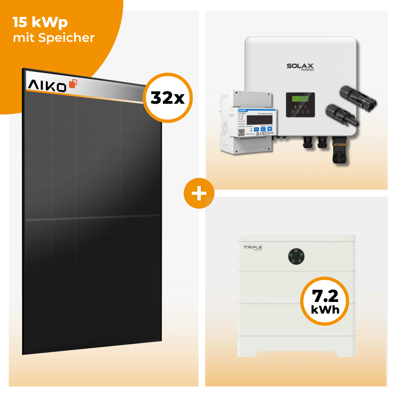 PV Komplettset 15 kWp – 32 x Aiko 470 Neostar 3S+ & Solax X3 Hybrid opt. T-BAT SYS Speicher