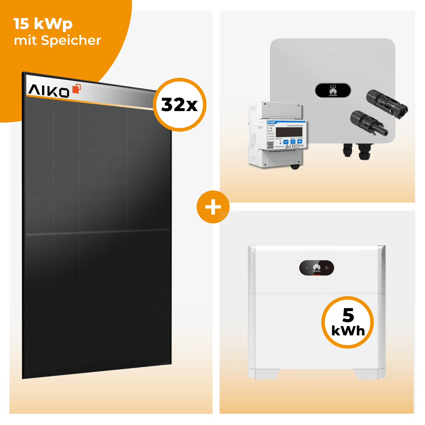 PV Komplettset 15 kWp – 32 x Aiko 470 Neostar 3S+ & Huawei SUN2000 MAP0 opt. Huawei LUNA2000 Speicher