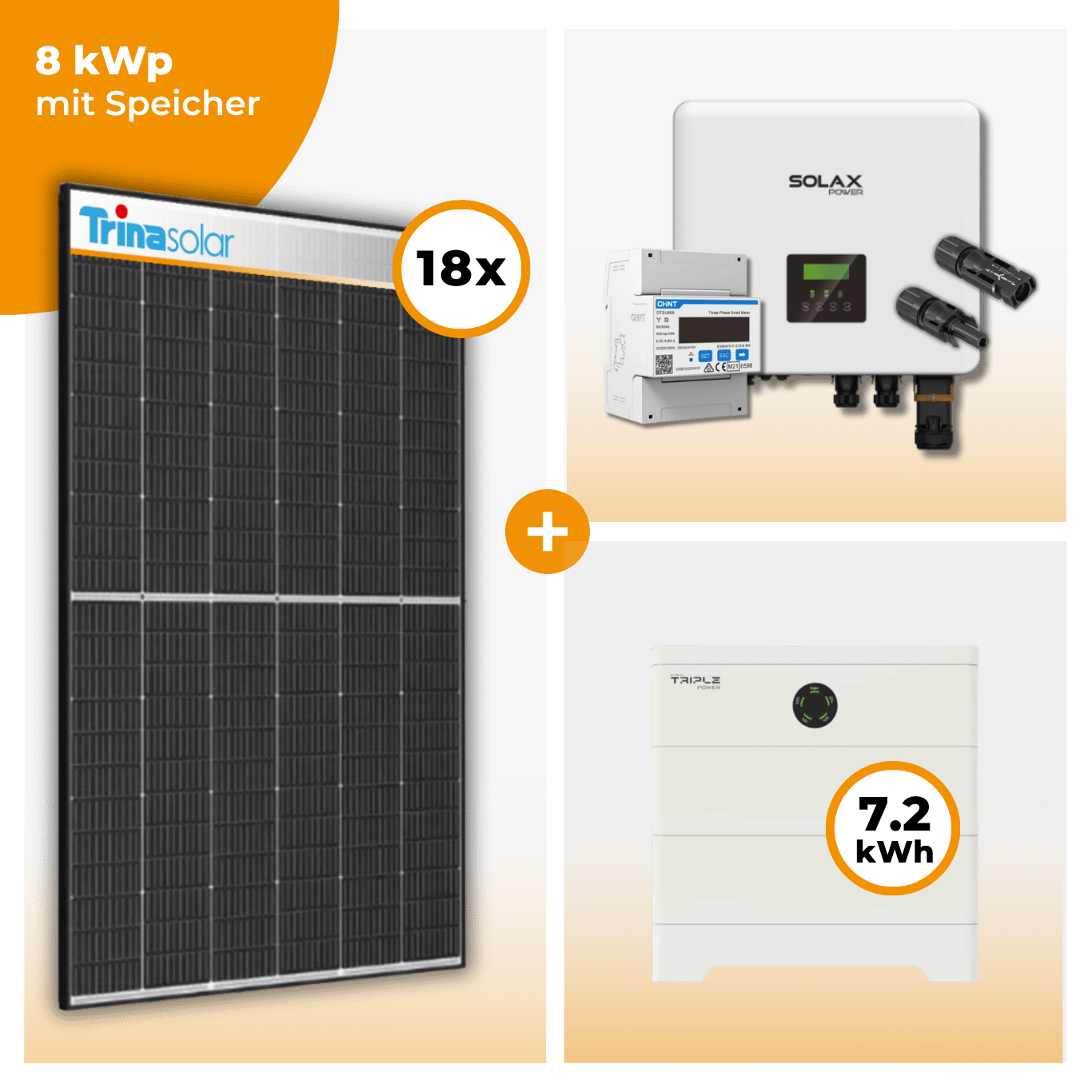 PV Komplettset 8 kWp – 18 x Trina 455 Black Frame & Solax X3 Hybrid opt. T-BAT SYS Speicher