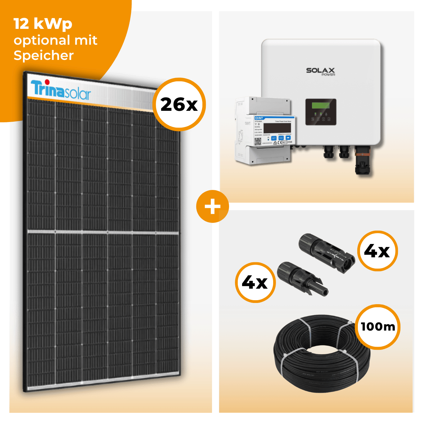 PV Komplettset 12 kWp – 26 x Trina 455 Black Frame & Solax X3 Hybrid opt. T-BAT SYS Speicher