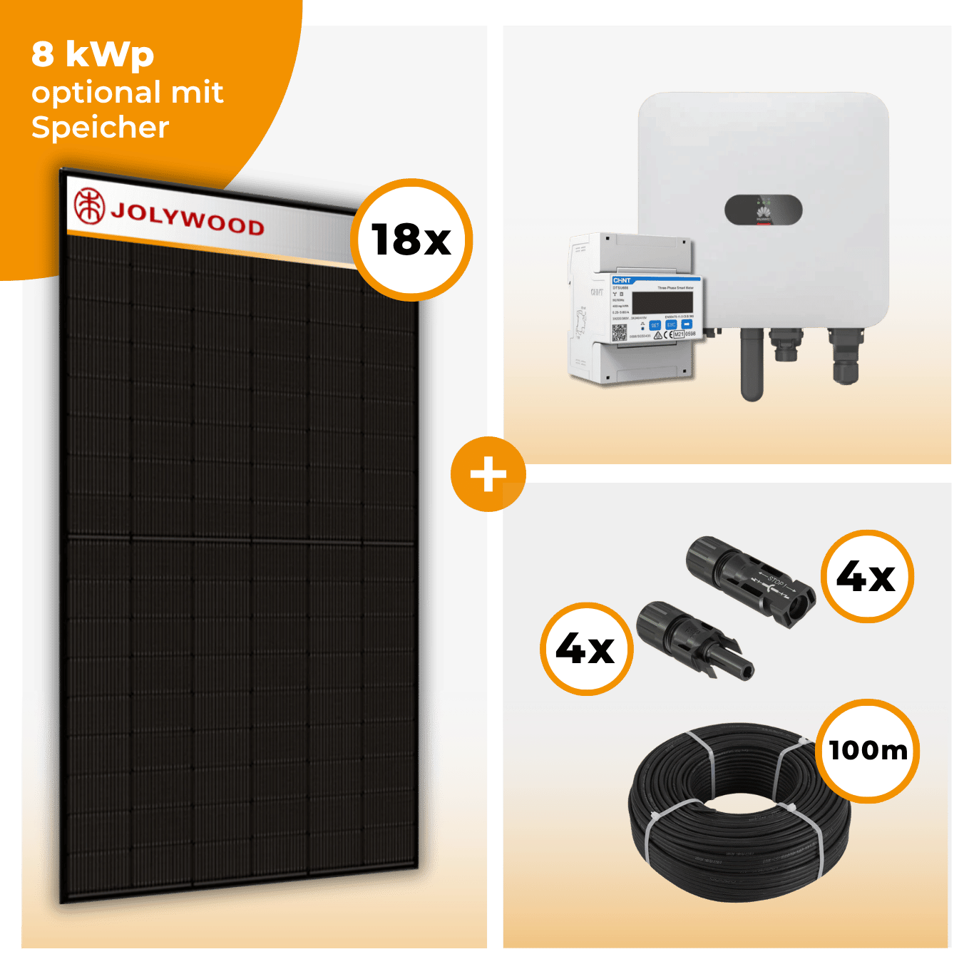 PV Komplettset 8 kWp – 18 x Jolywood 455 Full Black & Huawei SUN2000 MAP0 opt. Huawei LUNA2000 Speicher