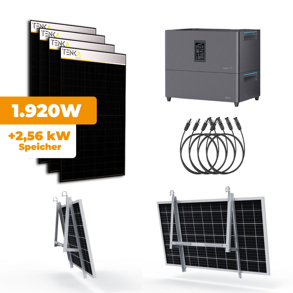 1920W Balkonkraftwerk Speicher Set Marstek Jupiter C+ mit 4x Tenka 480W I Full Black I Bifacial I Back Contact