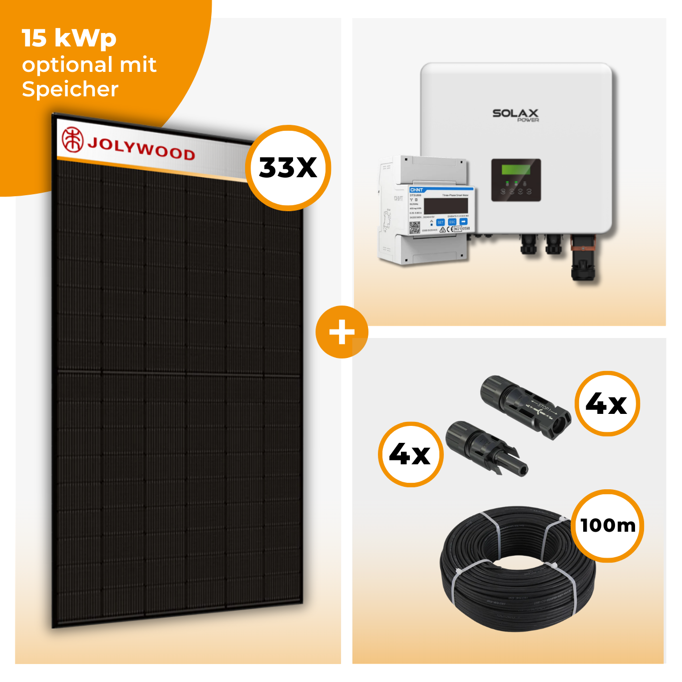 PV Komplettset 15 kWp – 33 x Jolywood 455 Full Black & Solax X3 Hybrid opt. T-BAT SYS Speicher