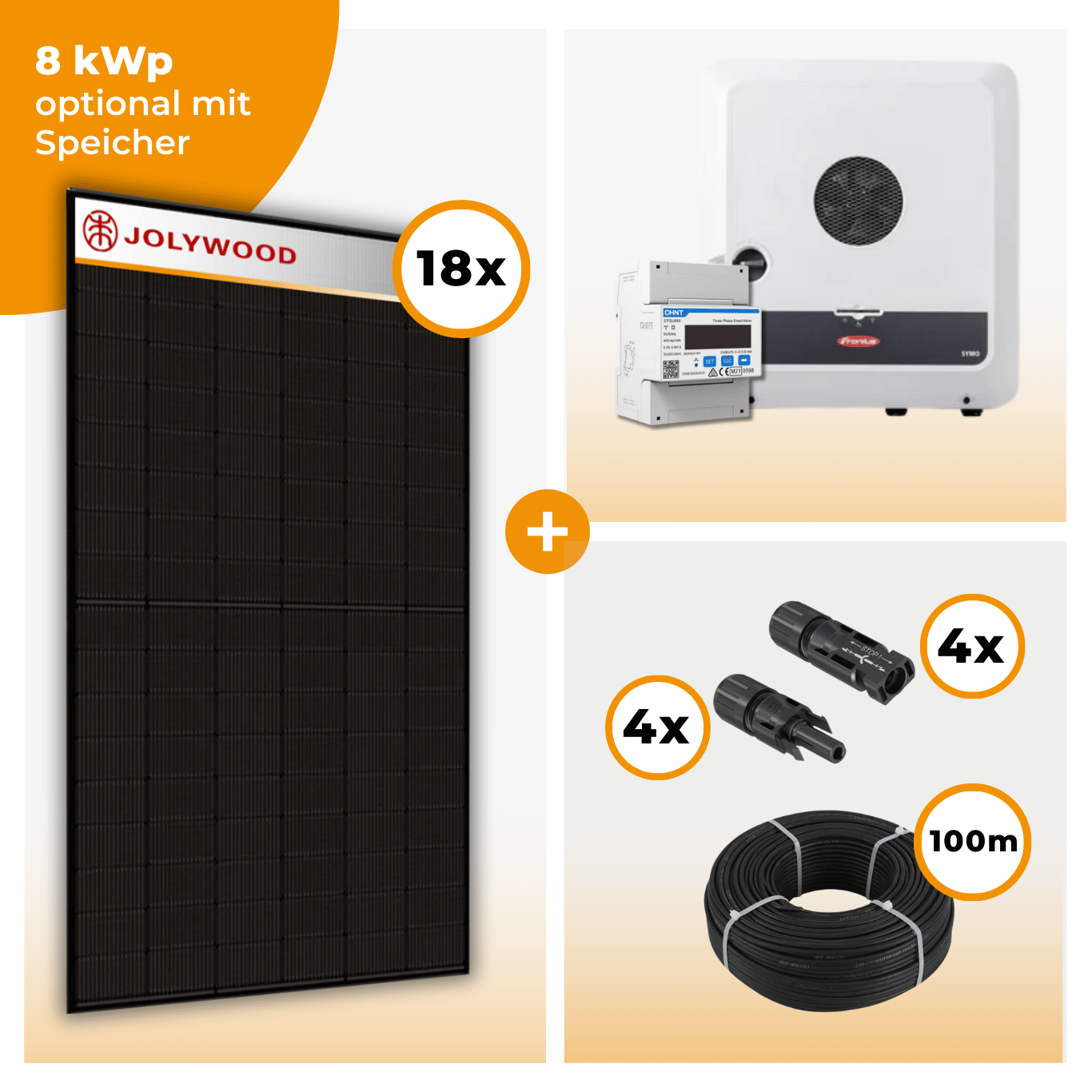 PV Komplettset 8 kWp – 18 x Jolywood 455 Full Black & Fronius Symo GEN24 Plus opt. BYD HVM Speichereinheit