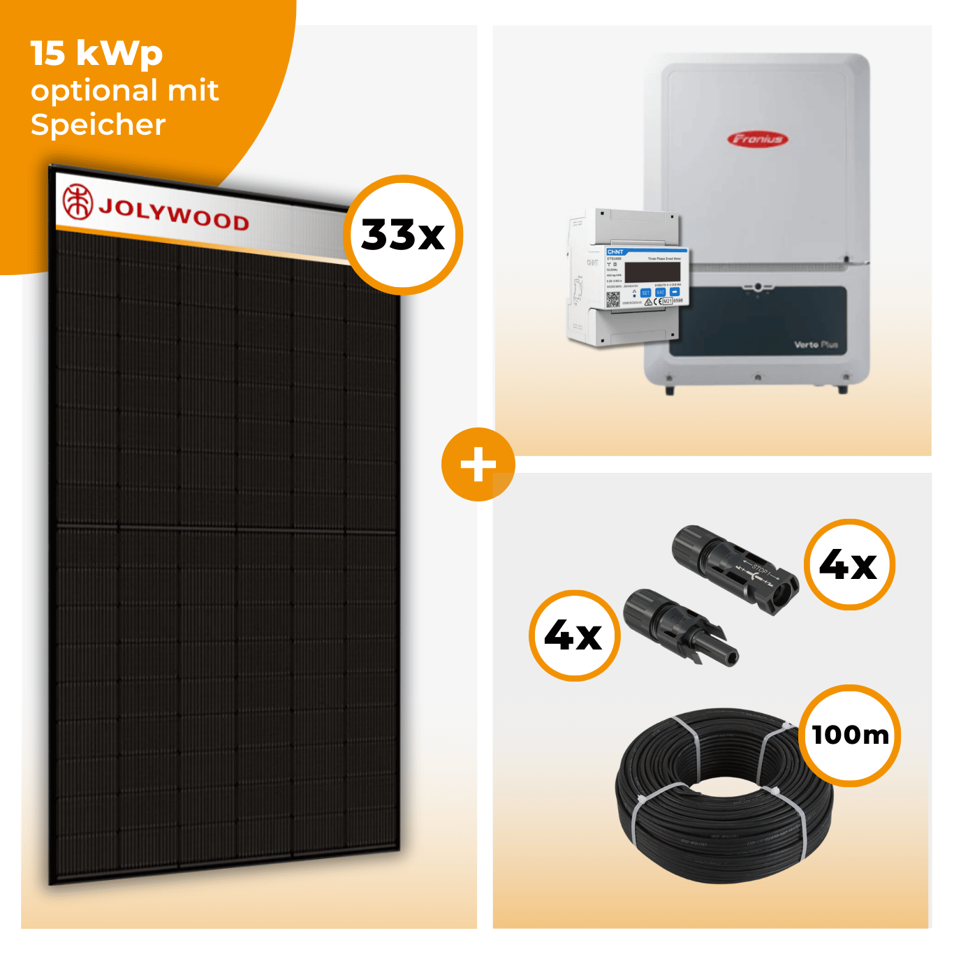 PV Komplettset 15 kWp – 33 x Jolywood 455 Full Black & Fronius Verto Plus 15.0 opt. BYD HVM Speichereinheit