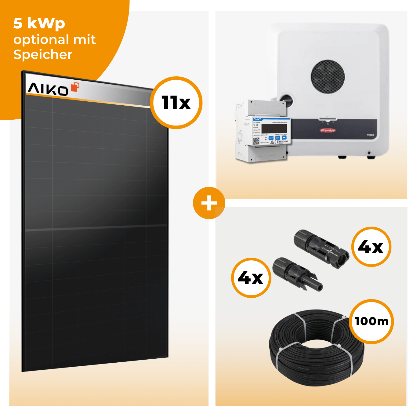 PV Komplettset 5 kWp – 11 x Aiko 470 Neostar 3S+ & Fronius Symo GEN24 Plus opt. BYD HVM Speichereinheit