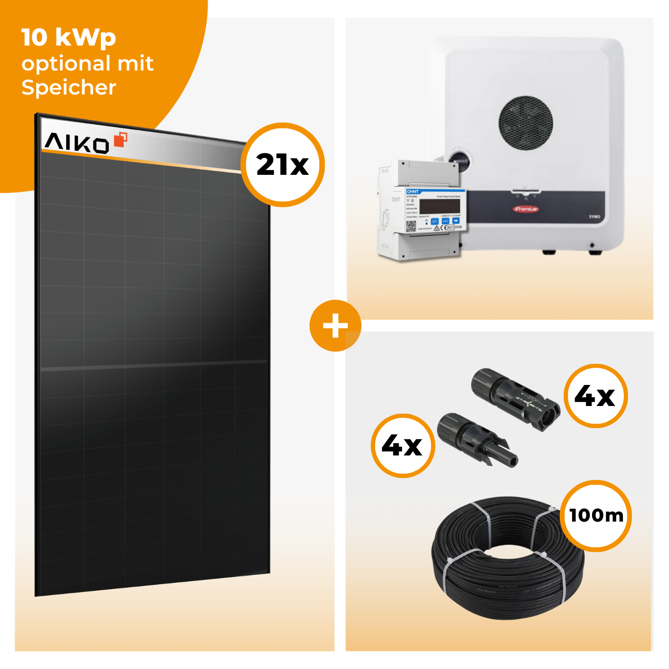 PV Komplettset 10 kWp – 21 x Aiko 470 Neostar 3S+ & Fronius Symo GEN24 Plus opt. BYD HVM Speichereinheit